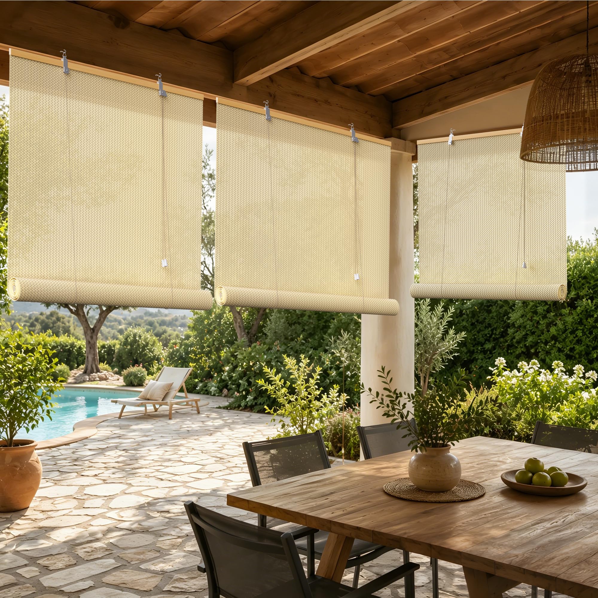 HOMEDEMO Store Enrouleur Bambou, Occultant pour Fenêtre, Protection Intimité, Intérieur Extérieur, Facile à Installer, Store pour Salon, Beige, 150l x 220L cm