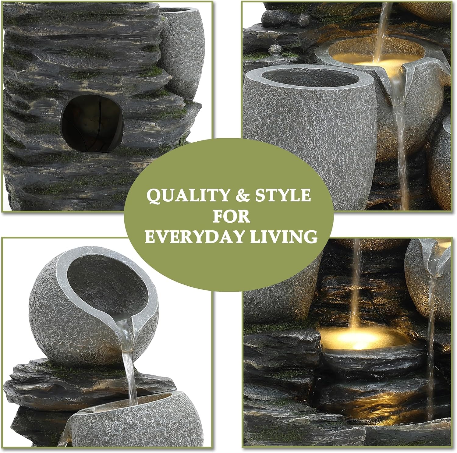 LuxenHome 29 Inch Tall Outdoor Water Fountain, 4 Tiers Cascading Pots & Rock Cascading Waterfall Fountain Outdoor and Indoor with LED Lights, Resin Garden Water Fountains for Patio, Porch, and Yard