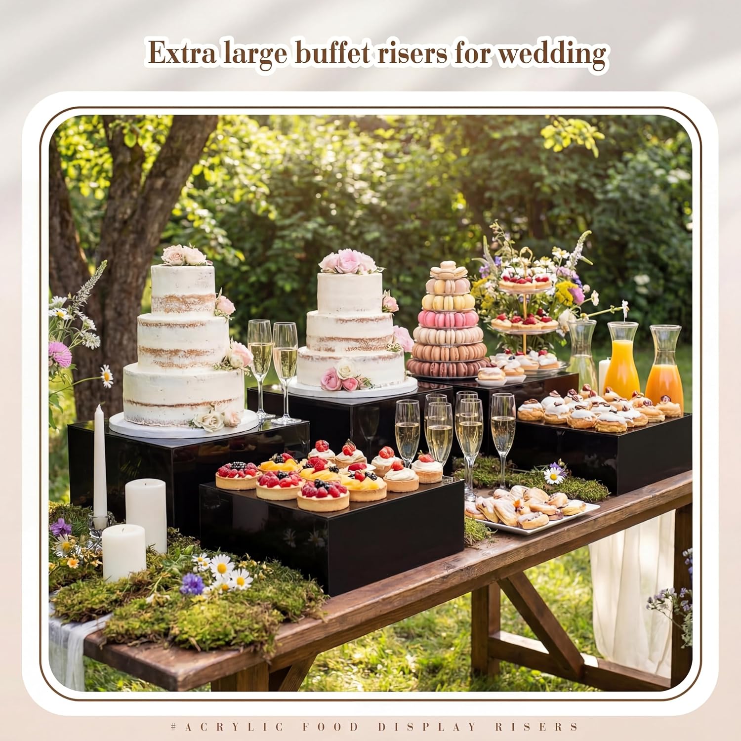 Leinuosen 5 Pcs Extra Large Buffet Risers Set 16 x 8.5 x 5 Inch Rectangle Acrylic Display Box Catering Dessert Table Riser Food Display Decorative Stand with Hollow Bottom for Catering(Black)