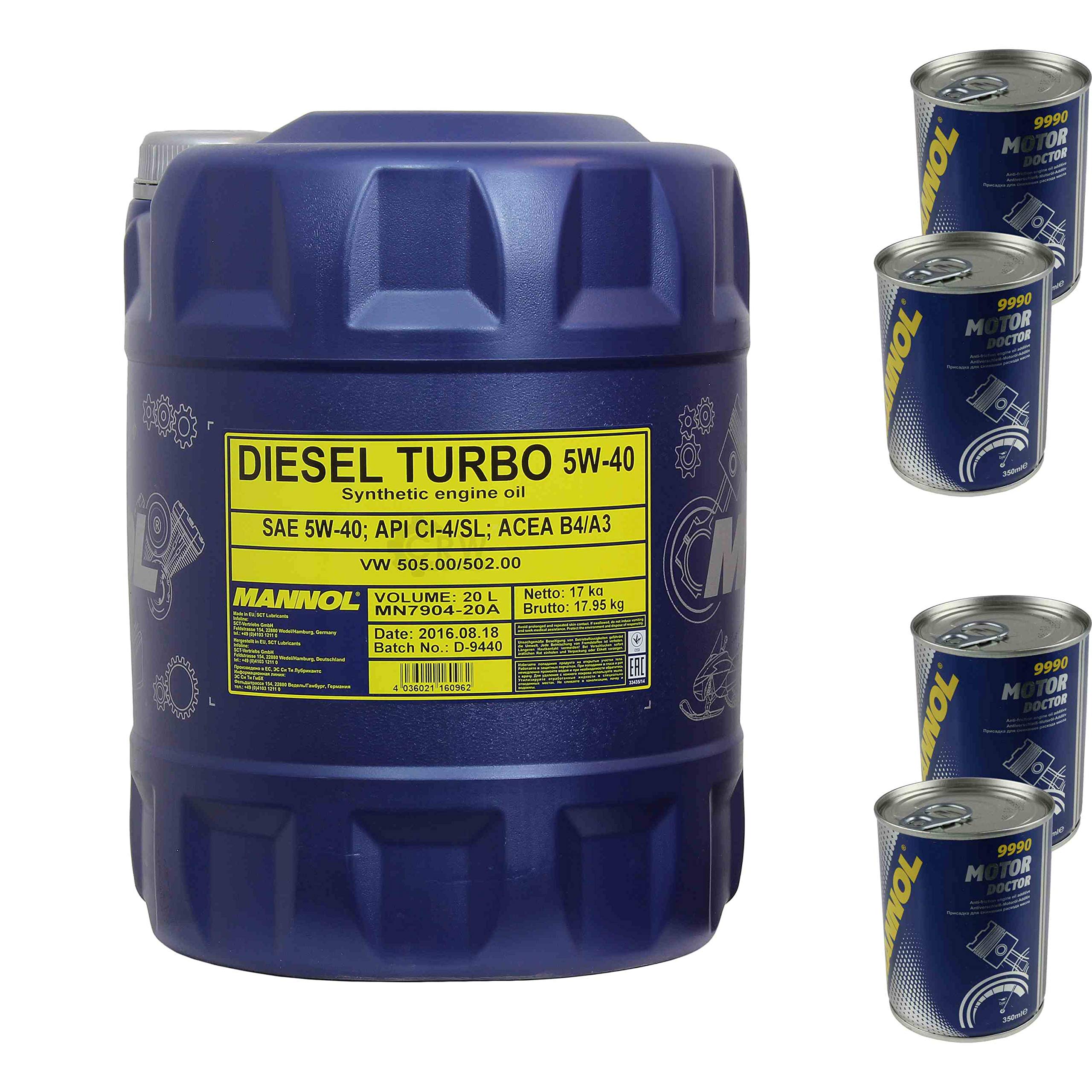 Aceite de motor Mannol Diesel Turbo 5W-40 4 x Motor Doctor Aditivo (20 L)