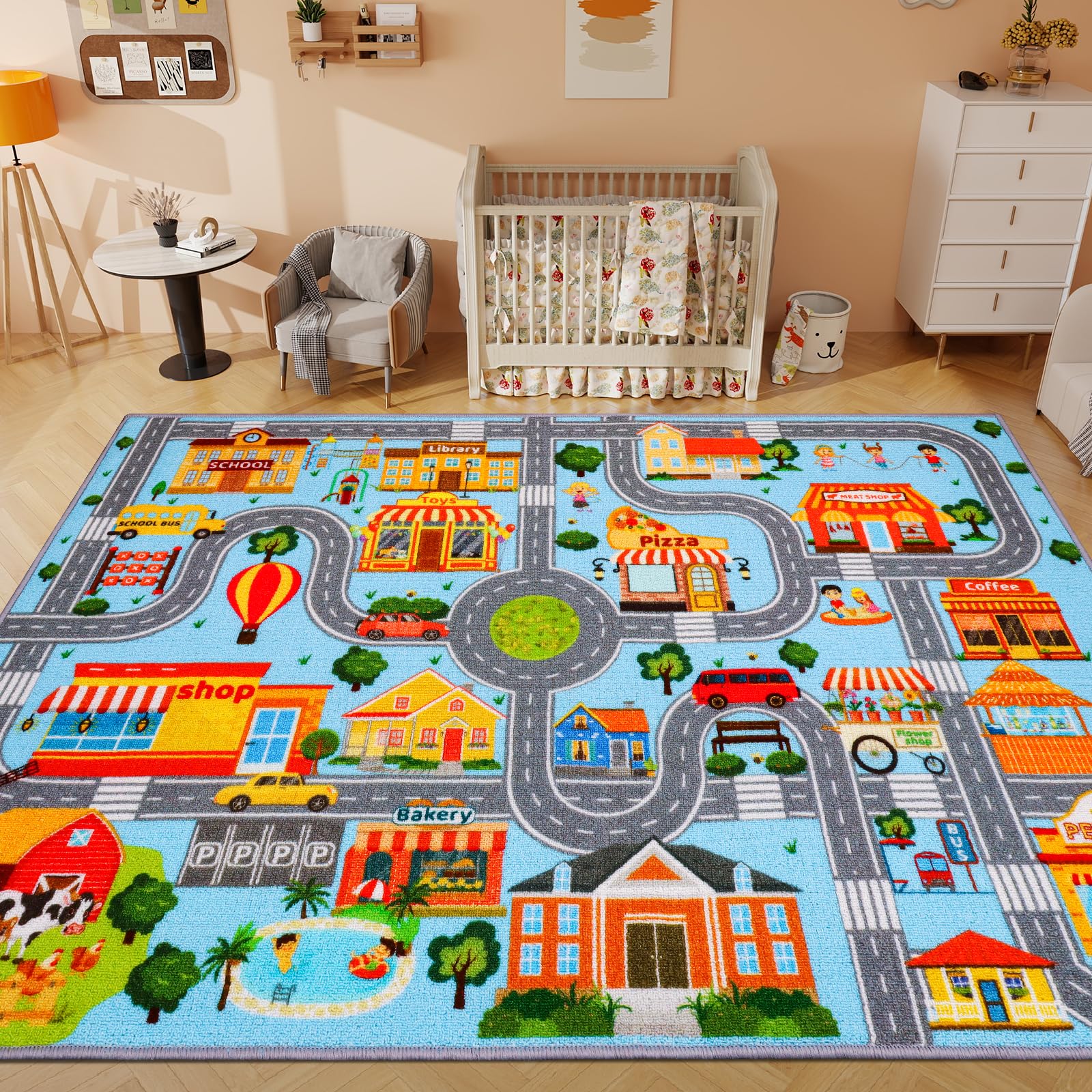 Autoteppich für Kinder, Kinder-Auto-Spielmatte, extra rutschfester Verkehrsstraßenteppich für Kinders, pädagogische Automatte mit Stadtplan für Spielzimmer, Jungen-Schlafzimmer (150X100CM, Blue Sky)