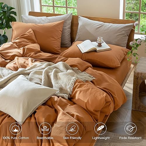 Miniatura 249 de MooMee - Juego de funda de edredón, 100% algodón lavado, textura parecida al lino, transpirable, duradero, suave y cómodo (gris pardo, King)
