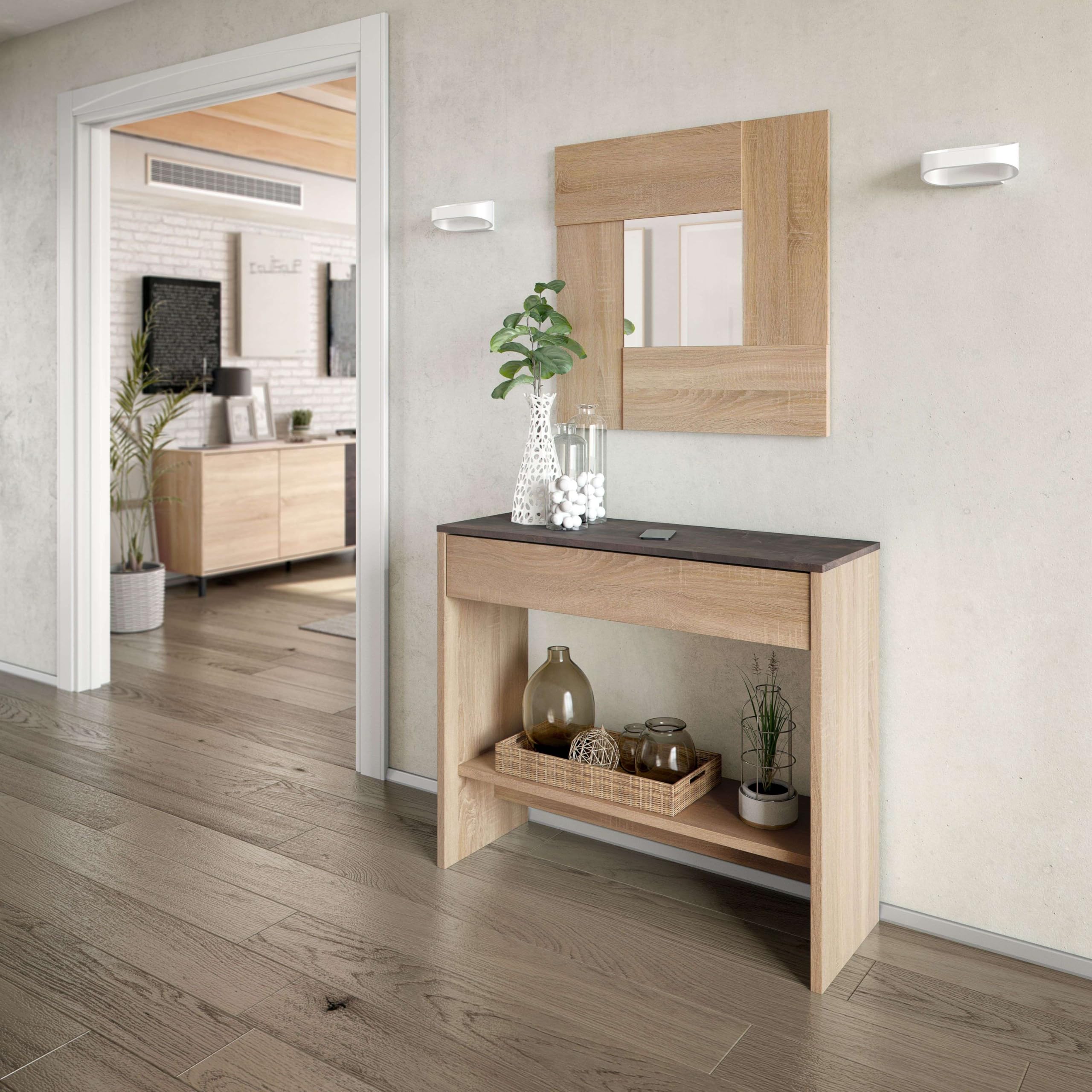 Habitdesign – Mueble Recibidor con Cajón y Espejo, Consola de Entrada Moderna, Color Roble Canadian y Óxido, 92x79x33 cm – Modelo Oxys