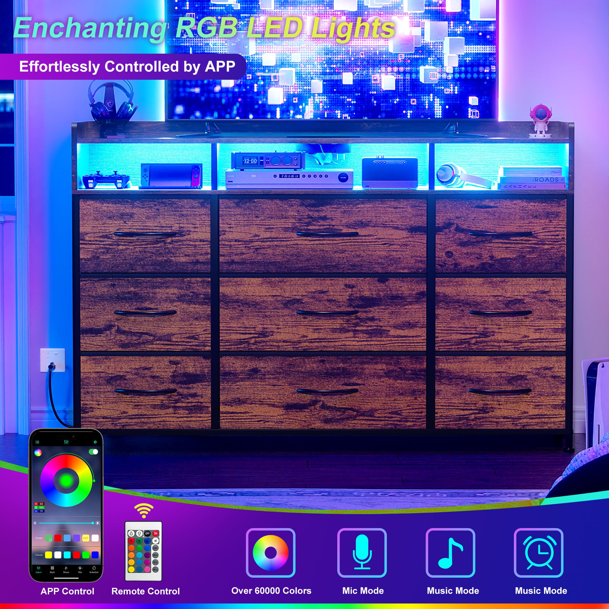 Kommode mit Ladestation und LED-Beleuchtung, TV-Kommode mit 9 Stoffschublade, Aufbewahrungsschrank mit Holzplatte für Schlafzimmer, Wohnzimmer, Flur, Rustikbraun