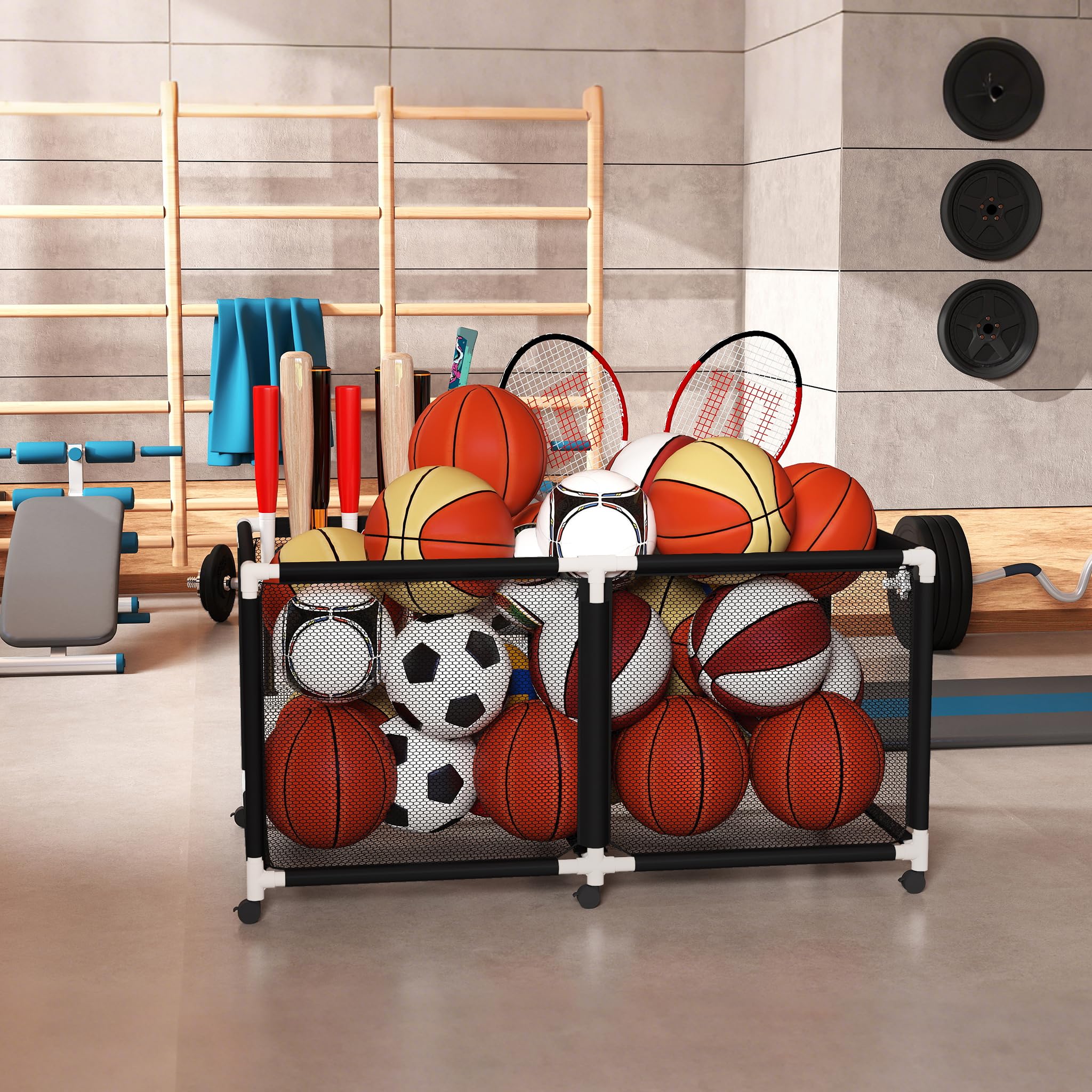 FIVMEN Ballwagen Rollwagen 230x79x88 cm Transportwagen Aufbewahrungswagen mit 4 Rolle Ballkäfig Sportgeräteregal aus Nylon-Netz für Fußball, Basketball, Volleyball