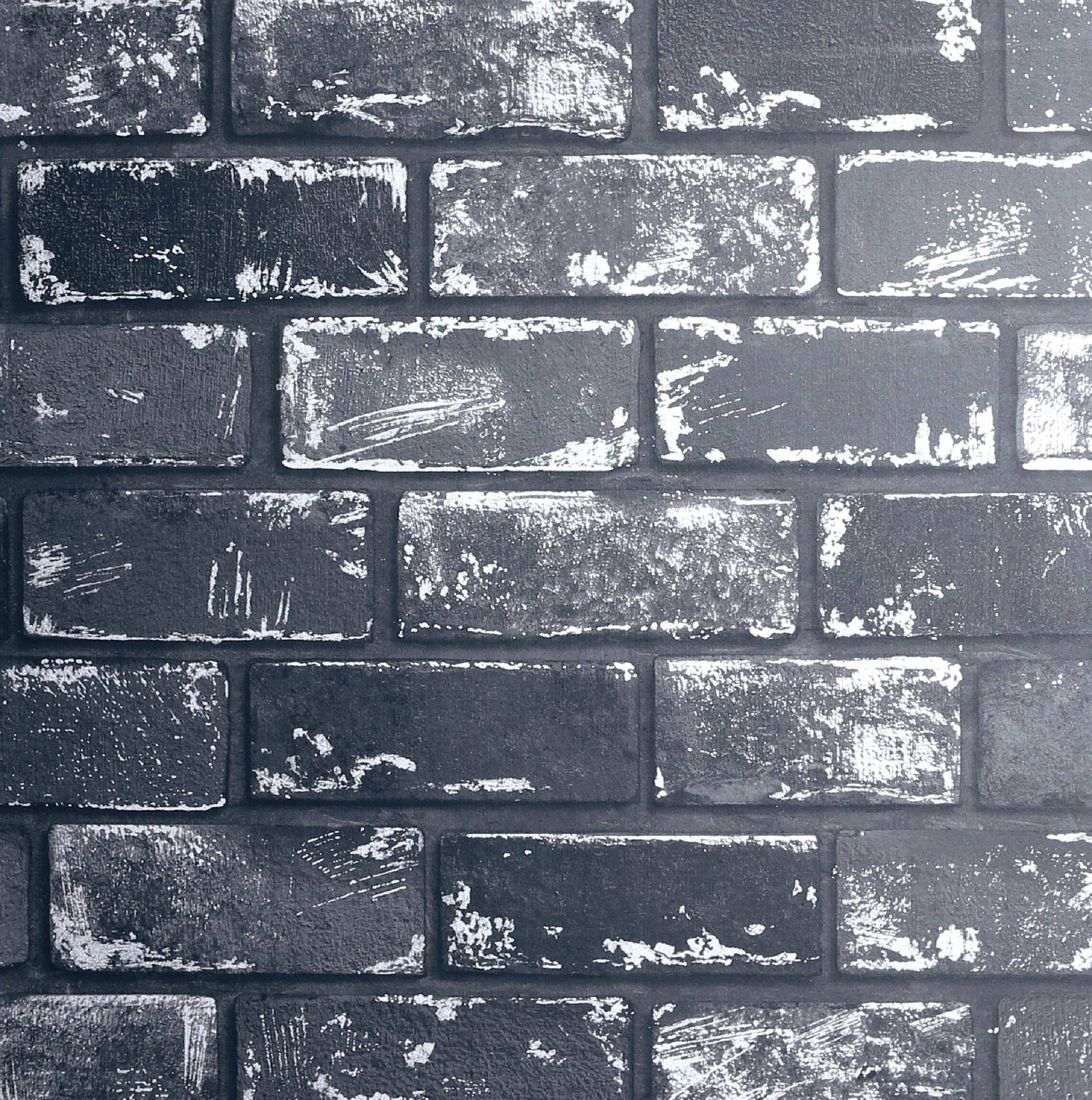 3D Effect Metallic Brick Wallpaper Black Silver Grey Stone Industrial from YöL