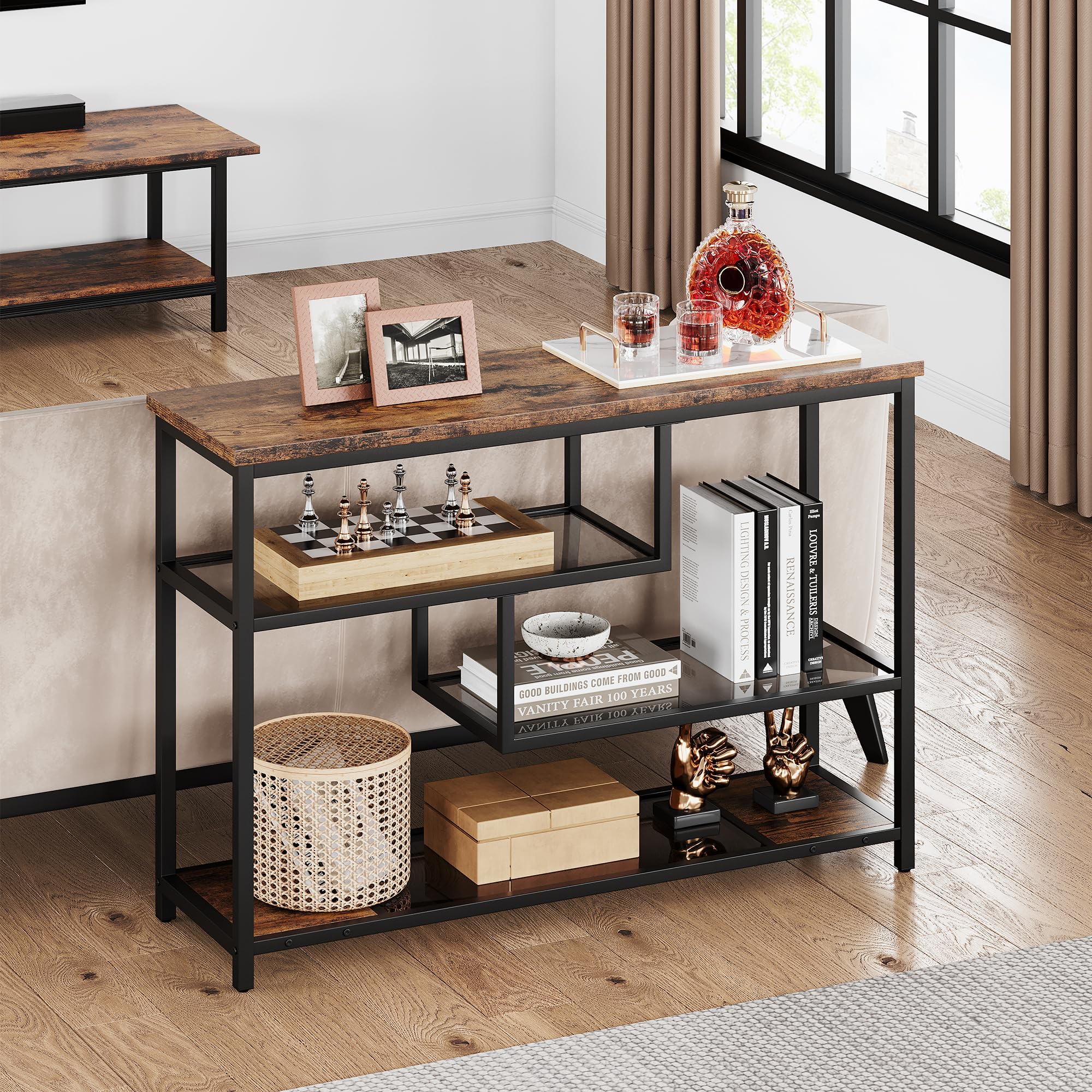 Garvee Mueble de Recibidor, Mesa Consola Estrecha de 4 Niveles, Estilo Industrial para Pasillo, Salón, Recibidor y Detrás del Sofá, Color Marrón Rústico, 100 * 30 * 75 cm