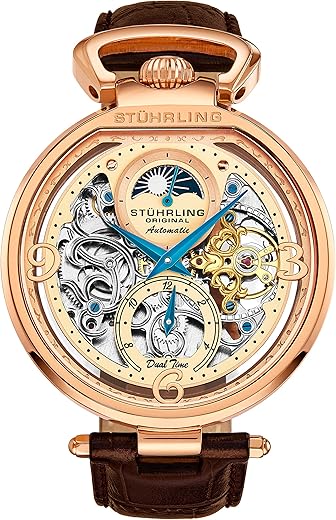 Stührling Original Mens Skeleton Watch Dial Automatic Watch with Calfskin Leather Band and – Dual Time, AM/PM Sun Moon