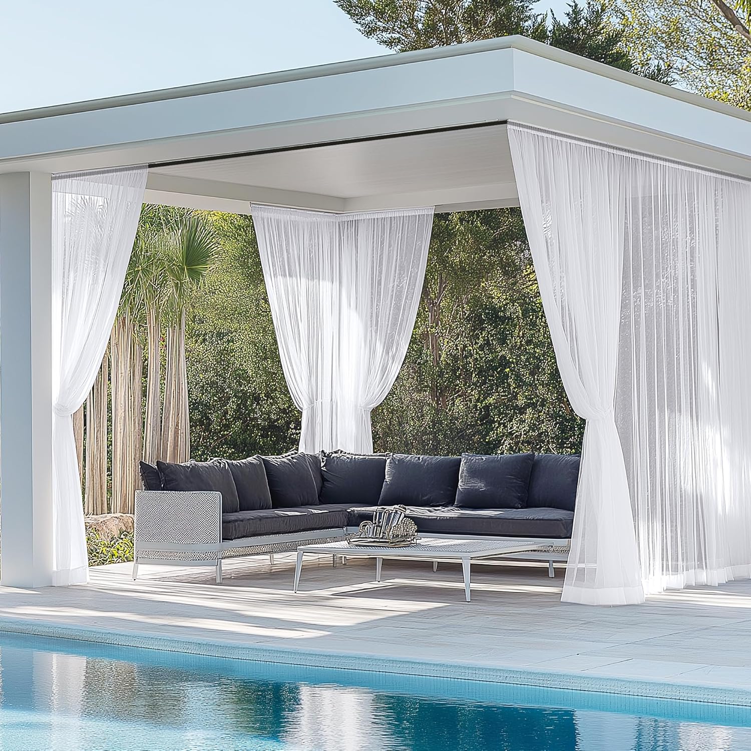 RYB HOME 6 Panels White Outdoor Sheer Curtains for Patio, Waterproof Light Filtering Voile Outside Curtains Rod Pocket Drapes for Front Porch, Gazebo, Pergola, Backyard, 54 x 84 inches