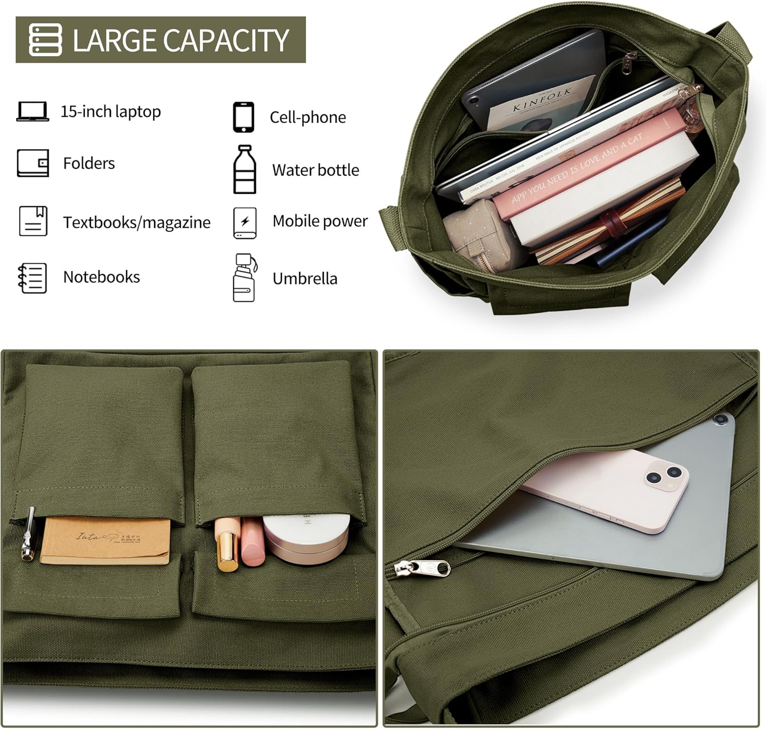 KALIDI Canvas Tote Bag Large Hobo Crossbody Shoulder Handbag Zipper Messenger Bag for Women or Men Casual College Work