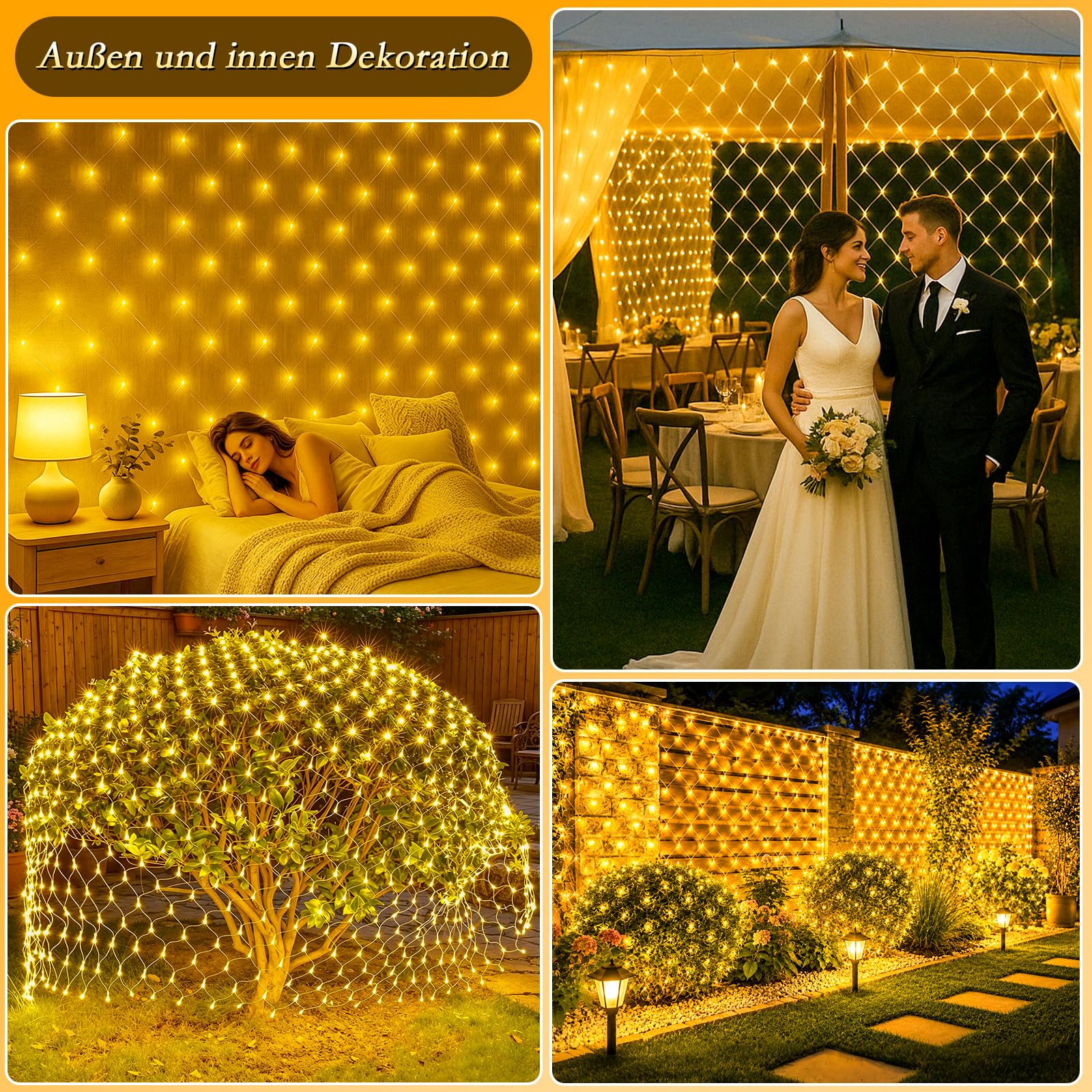 LED Lichternetz Außen + LED Lichterkette Auße, 200 LEDs Lichternetz 3x2m Warmweiß 400 LEDs Lichterkette 40M Warmweiß mit Fernbedienung, Timer 8 Modi, Wasserdicht für Garten Terrasse Weihnachten Party