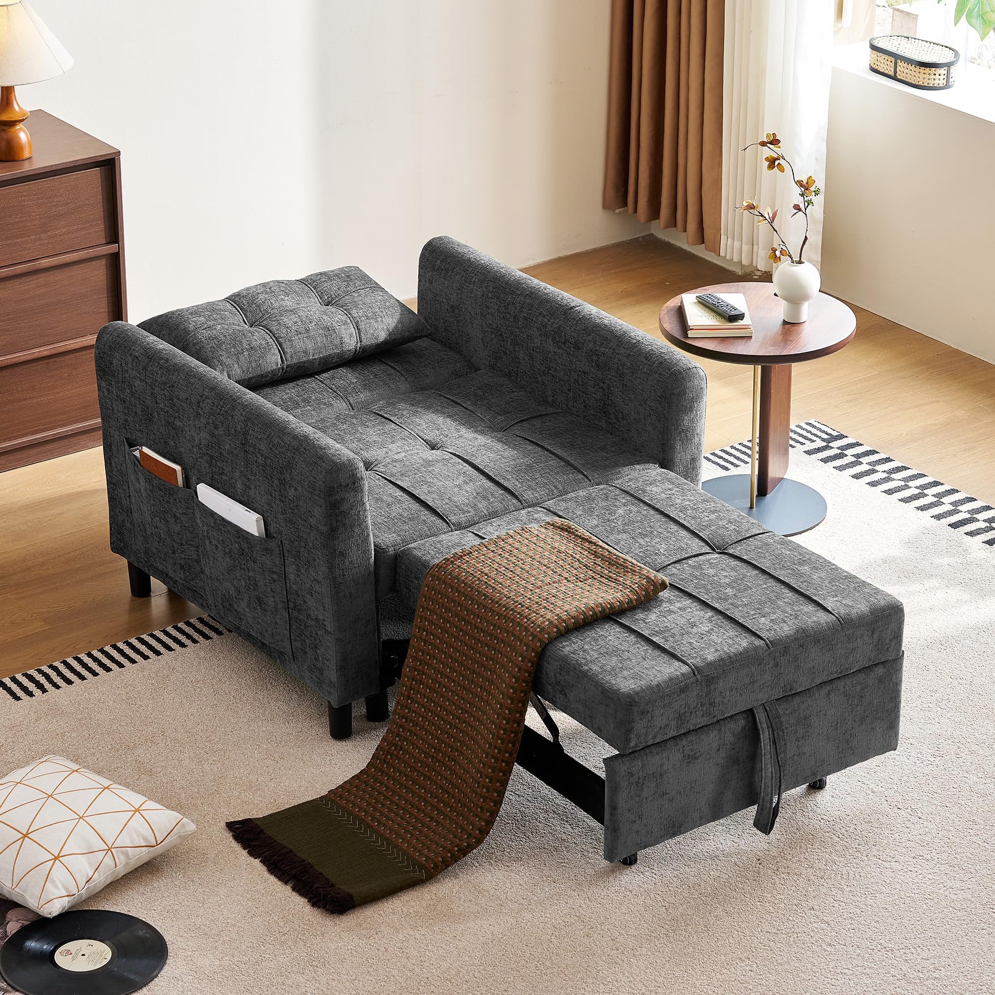 LINSY HOME 3-in-1 Schlaferstuhl, 1-Sitzer Sofa mit Schlaffunktion, Chenille Sessel Kleine mit Kissen und Seitentasche für Kleine Wohnung - Schlafbereich 74 x 190cm (Grau)