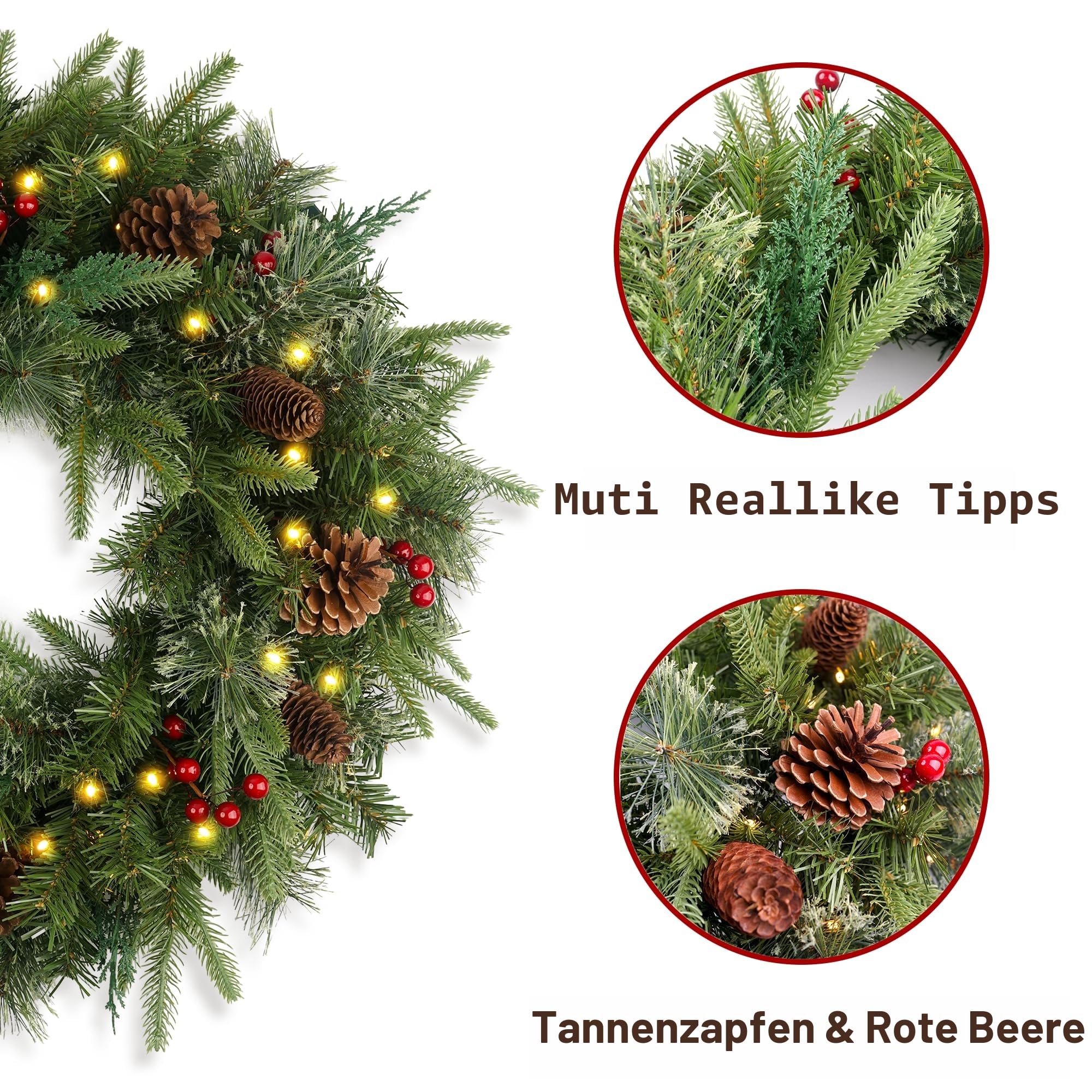 Weihnachtskranz Vorbeleuchtet 61.0 cm mit 50 Licht & Tannenzapfen, Künstliche Weihnachtskränze für Haustür mit Lichtern, Kranz für Weihnachtsdekoration Tür Fenster Wand Grün
