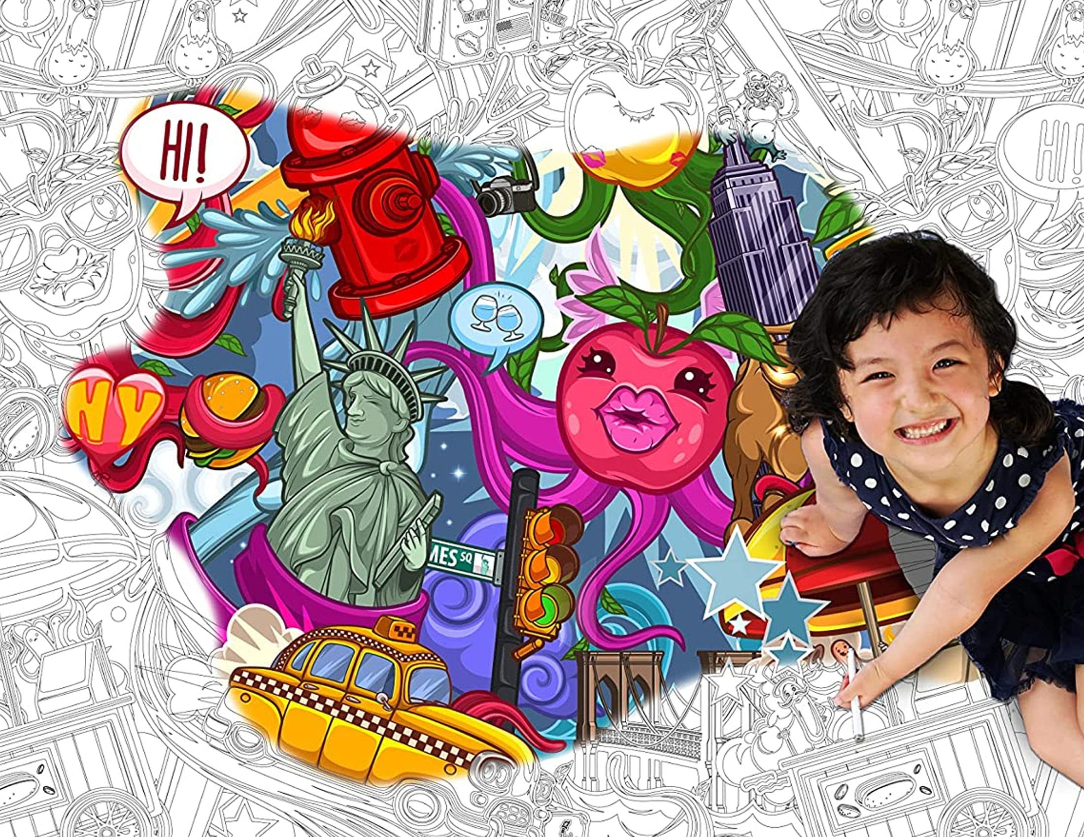 Vectorcloud Washable Coloring Poster (Giant 54"x40") Tear & Wrinkle Resistant, Coloring Table Cover, Coloring Mat for Kids and Adults (New York Coloring Poster, NYC, Big Apple, America)
