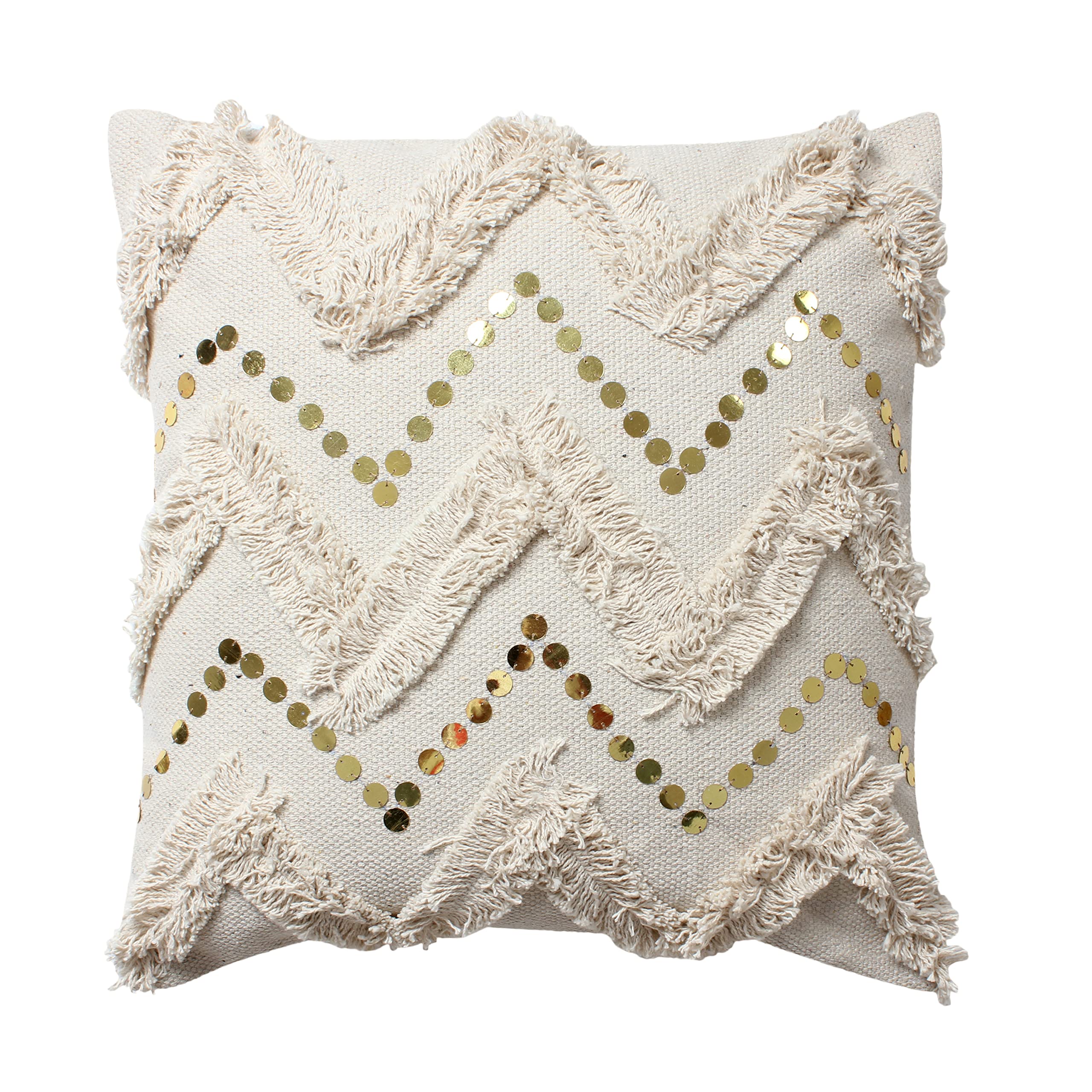 Oreiller en coton avec franges sequins beige petit coussin déco bohème