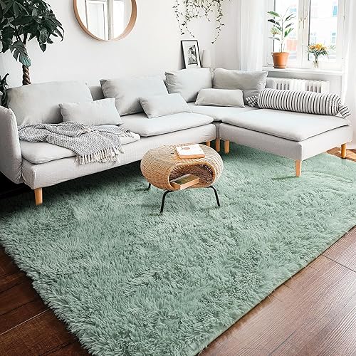 Miniatura 5 de RUGTUDER Alfombra rectangular de color verde salvia para dormitorio, sala de estar, 4 x 6 pies, esponjosa, peluda, para mesita de noche, habitación