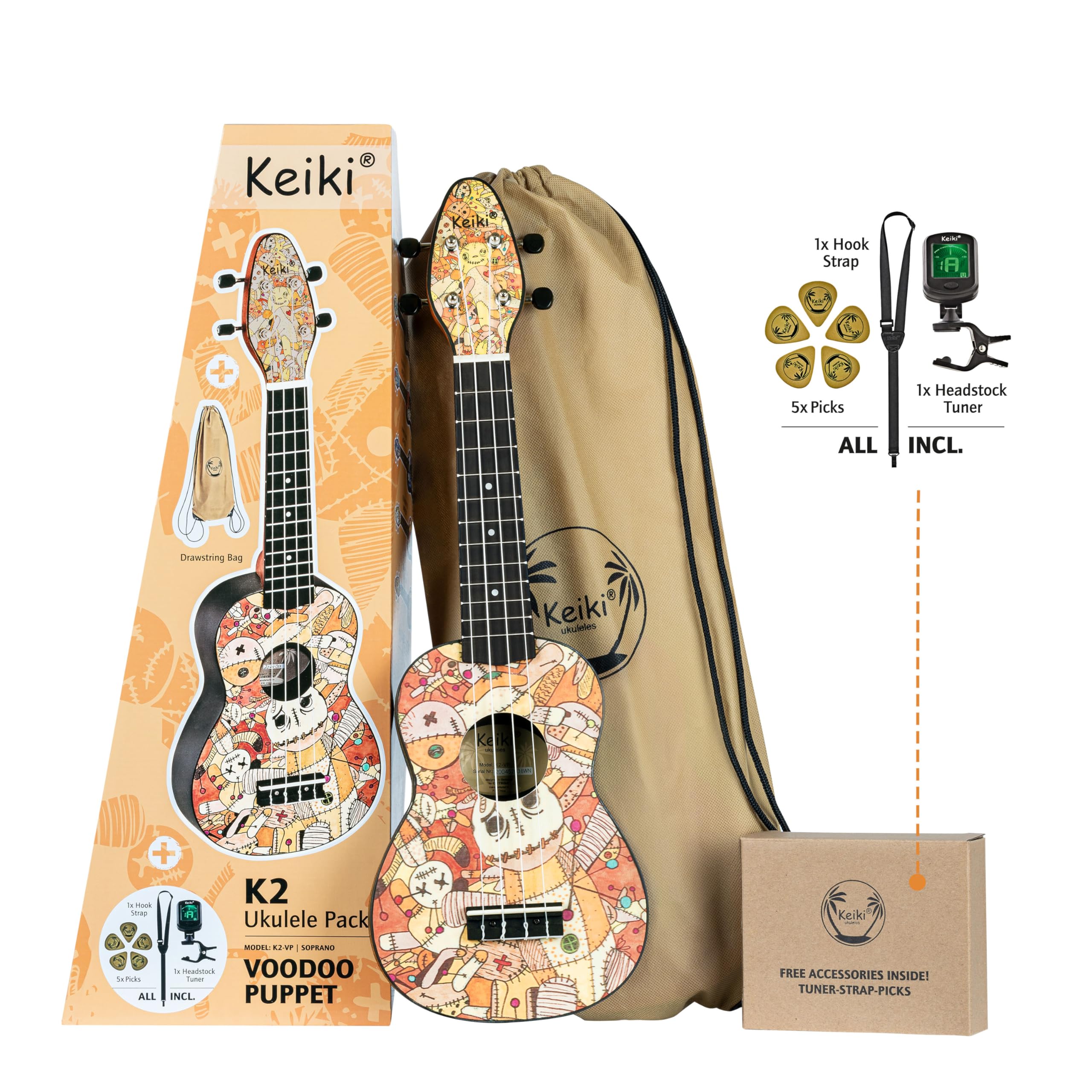 Ortega Guitars Ukelele Soprano - Keiki K2 con diseño de Voodoo Puppet - incluye afinador, 5 puas de grosor medio y funda estilo bolsa con cuerdas con logo Keiki - madera de Kauri, K2-VP