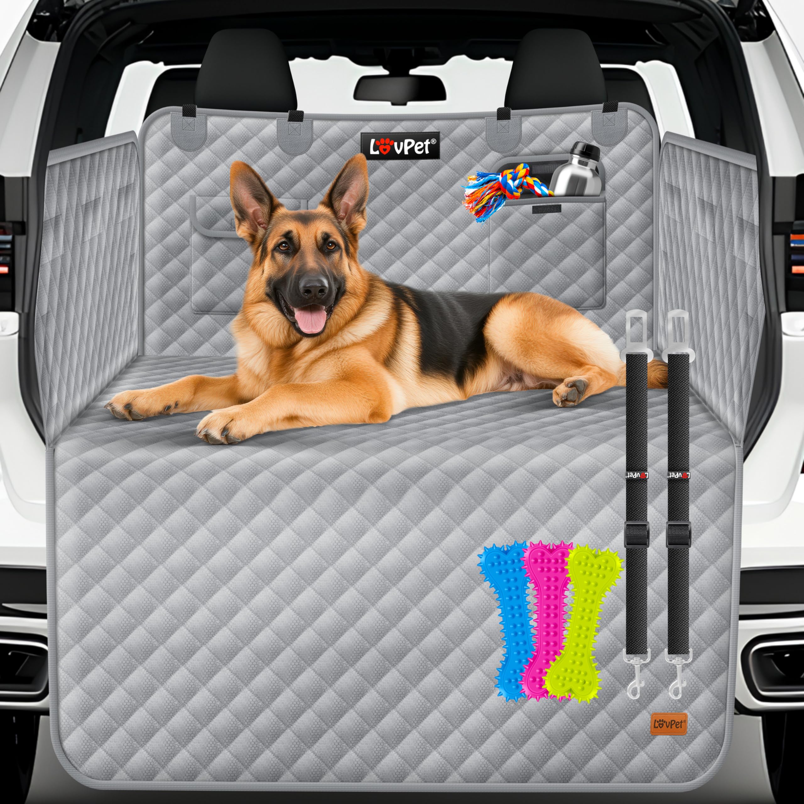 Lovpet® Protezione del bagagliaio dell'auto per cani trapuntata con cintura di sicurezza, con protezione laterale e del bordo di carico | Tappetino universale di protezione del bagagliaio dell'auto