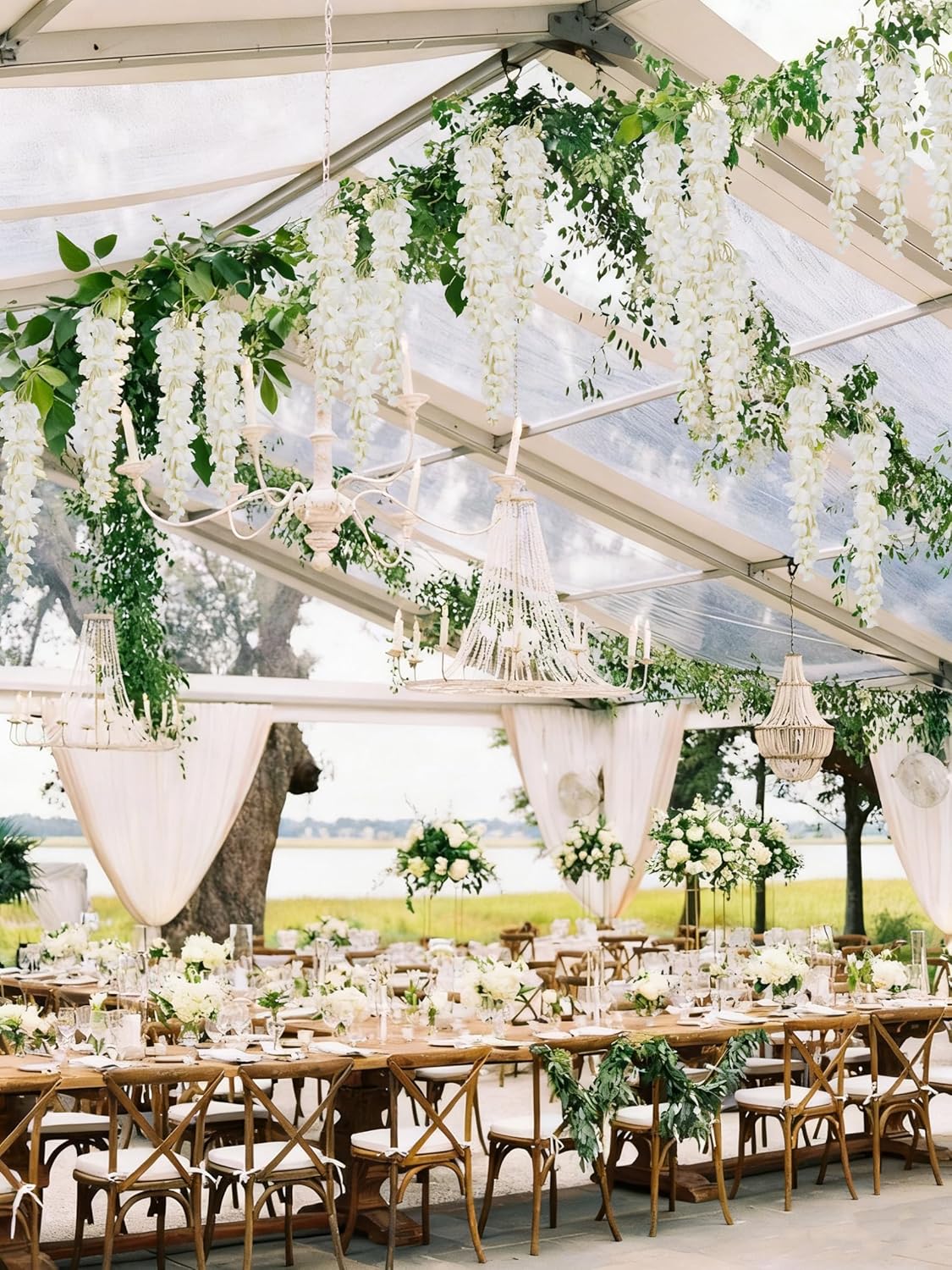 IPOPU 3.9FT Wisteria Artificial Flowers, 4PCS Wisteria Hanging Flowers, Silk White Flower with Long Stem for Tall Vase Filling Wedding Wall Backdrop Centerpieces Home Decoration (White) - Image 4