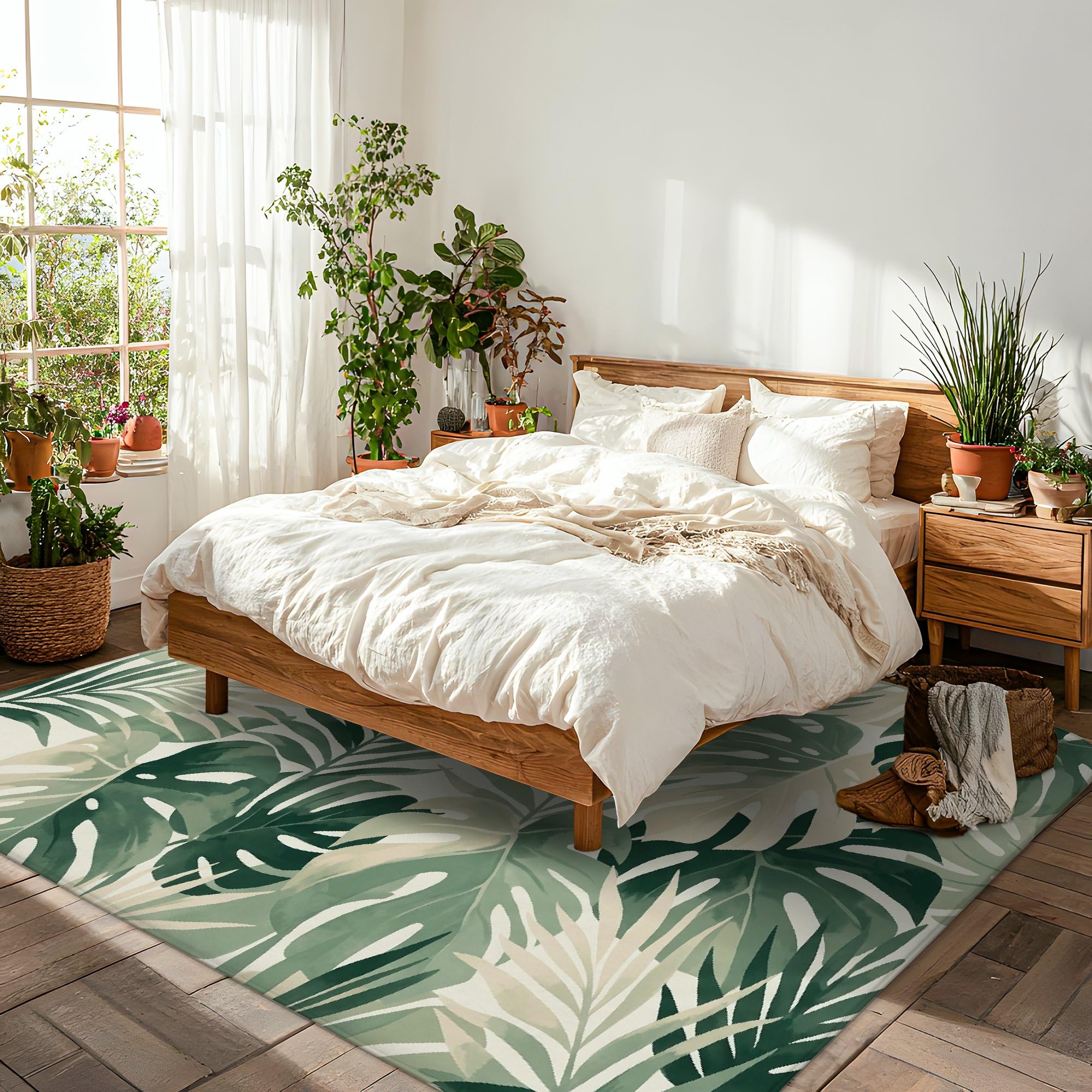 Alfombra de área de hojas, palmeras naturales tropicales, follaje verde de verano, esponja de pelo bajo, suave, rectangular, resistente a las manchas, para sala de estar, dormitorio, cocina, pasillo