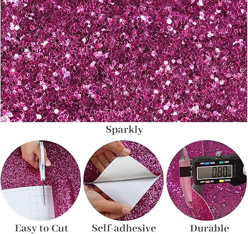 Miniatura 8 de VaryPaper Papel tapiz de purpurina gruesa rosa intenso para pegar y despegar de 15.7 x 78.7 pulgadas, papel de contacto con purpurina rosa,