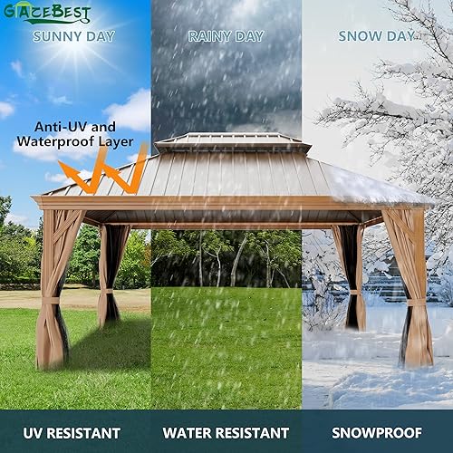 Miniatura 3 de Gazebo de techo rígido de 12 x 16 pies, kiosco de aluminio para exteriores, doble techo, toldo de acero galvanizado con acabado de madera recubierto