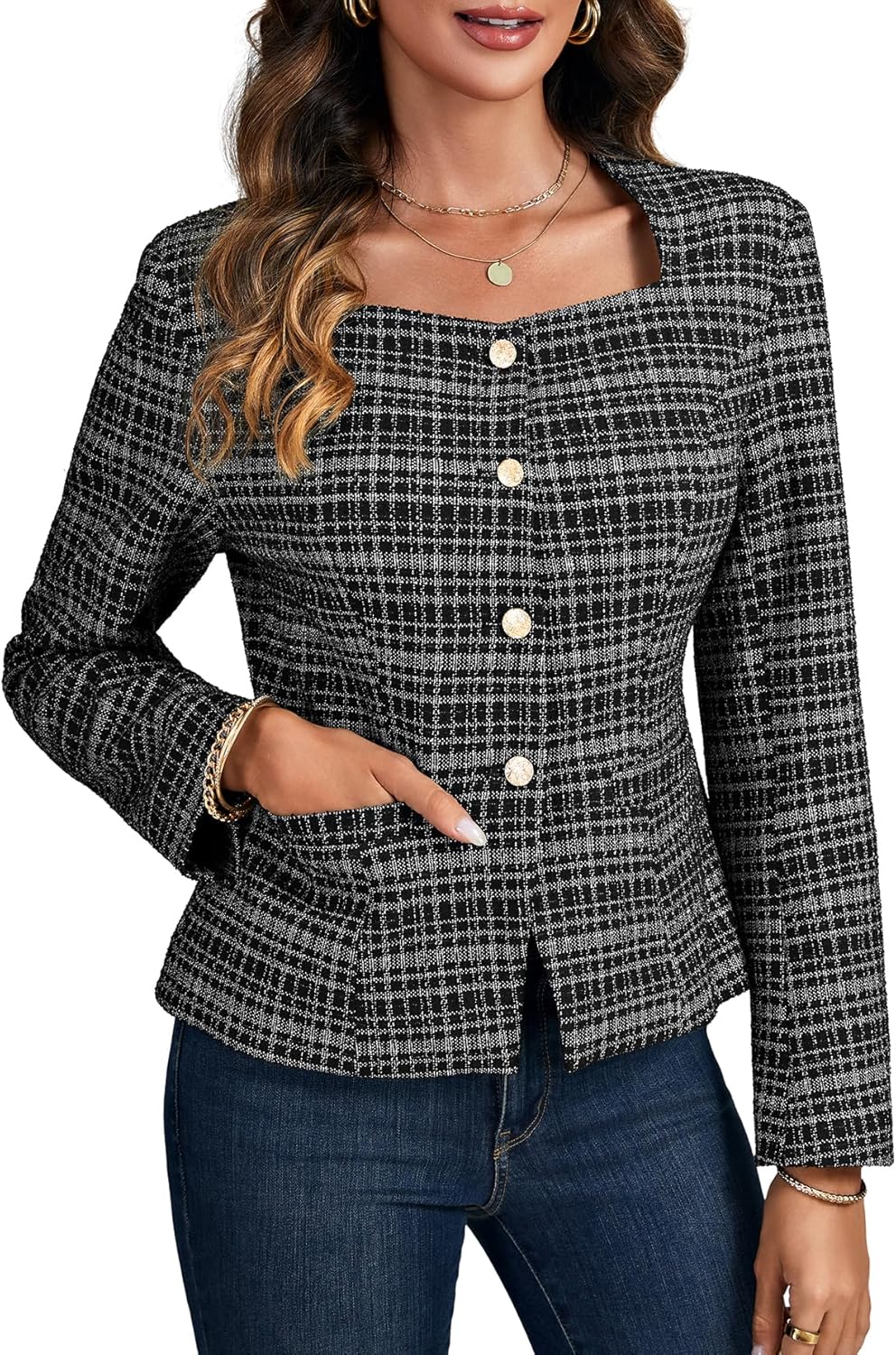 LYANER Women's Tweed Long Sleeve Square Neck Button Front Slim Fit Lined Office Blazer Coat - Image 2