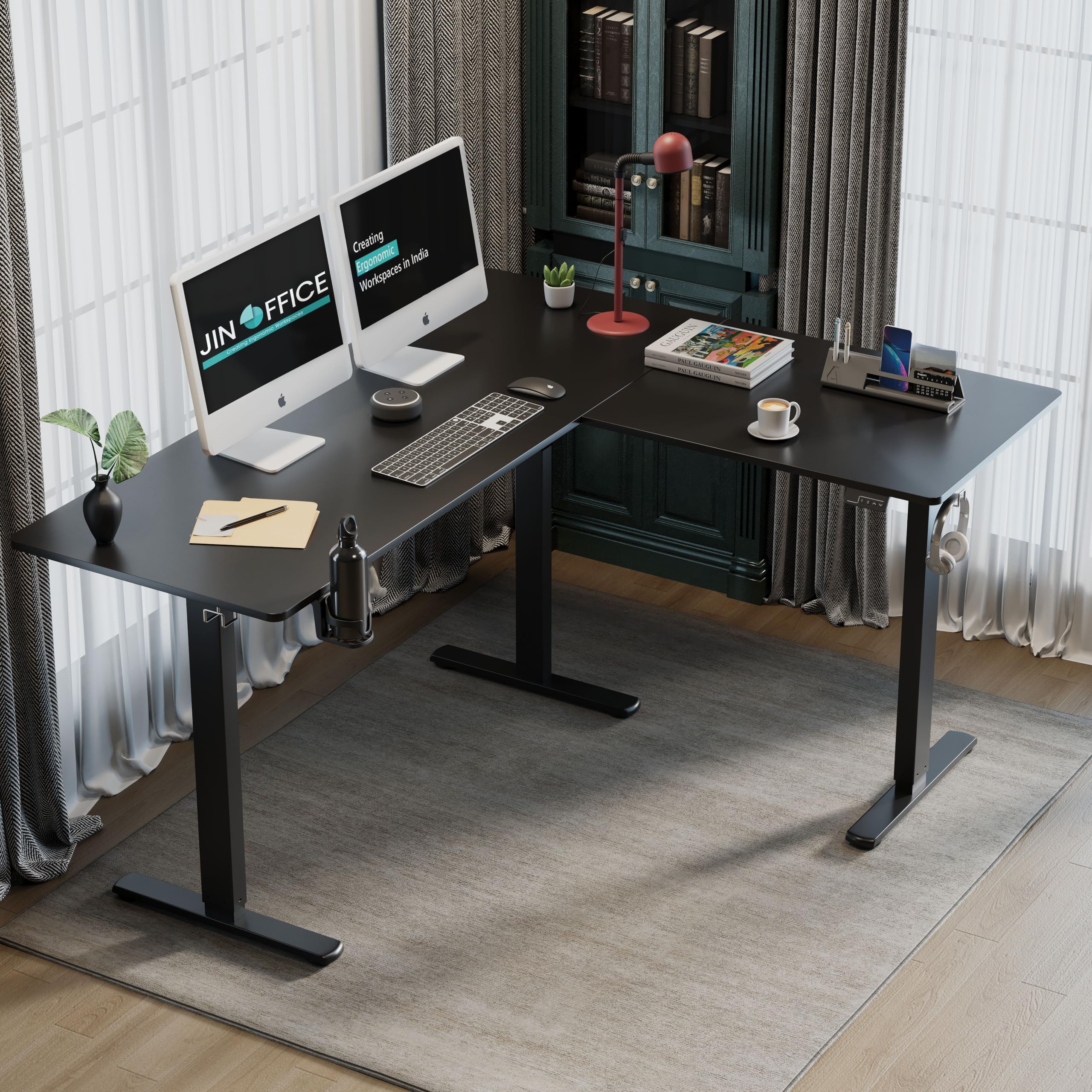 JIN OFFICE Atlas L-Shaped Electric Height Adjustable Desk |Reversible Design L-Shape Adjustable Table | 3 Year Warranty,100 KG Wt. Cap, Memory Presets, Cup Holder|Home Office Sit Stand Desk Black