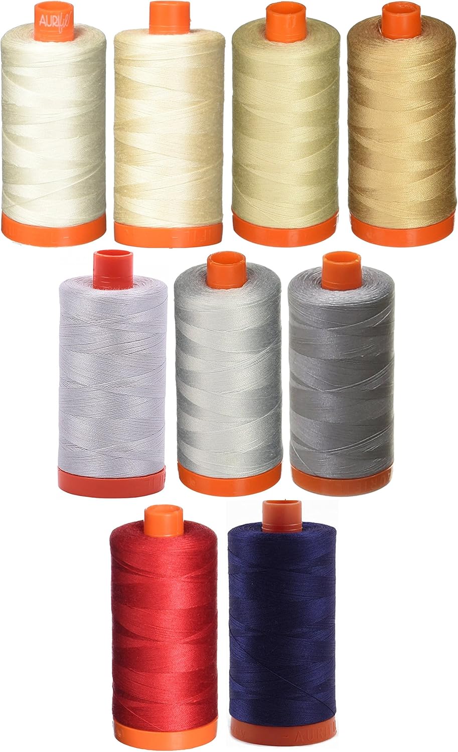 9-Pack - Aurifil 50WT Bundle - Muslin + Light Sand + Light Beige + Beige + Red + Aluminium + Dove + Grey + Dark Navy, Mako Cotton Thread - 1422Yds Each