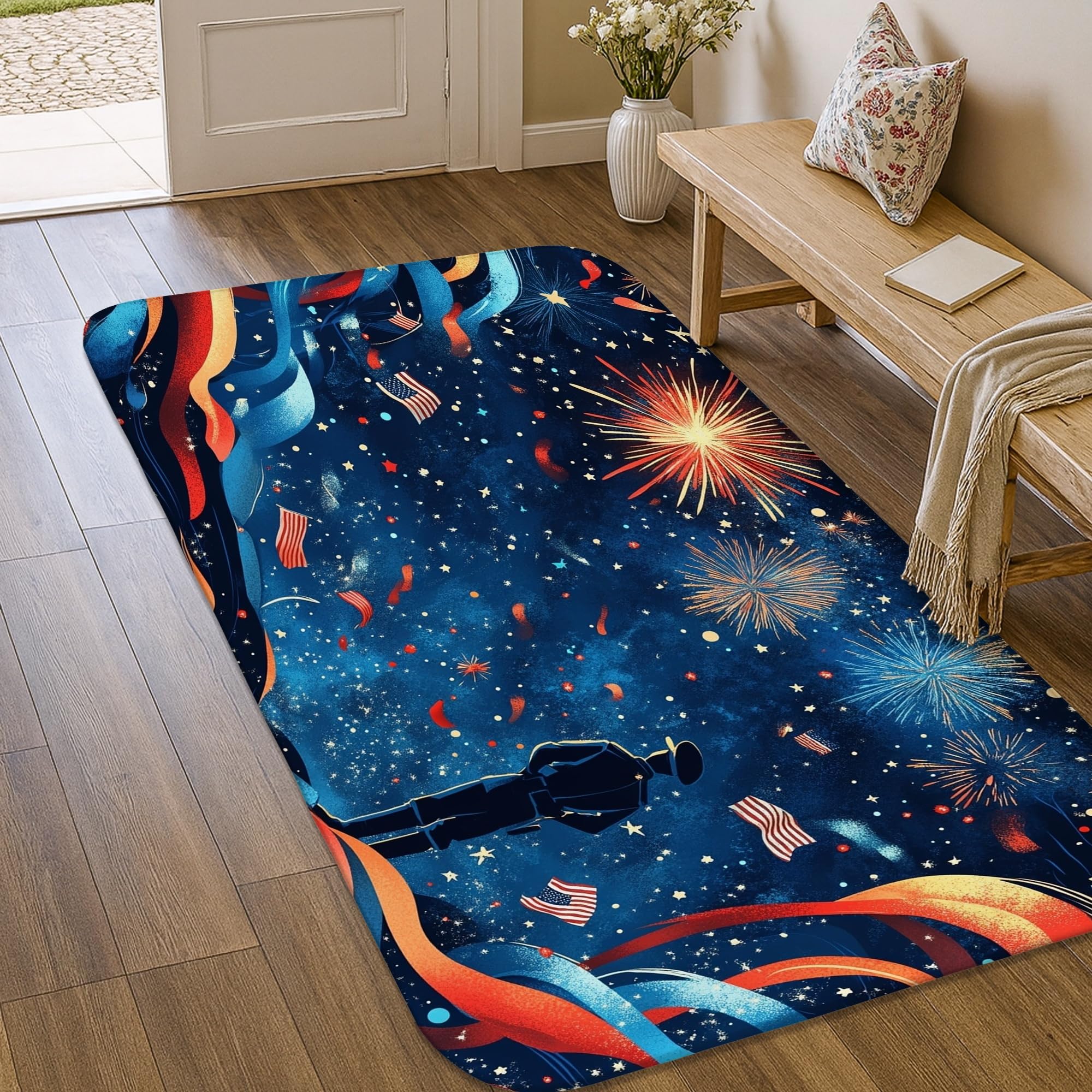 Tapis de feu d'artifice bleu marine rectangulaire décoratif pour porte d'entrée