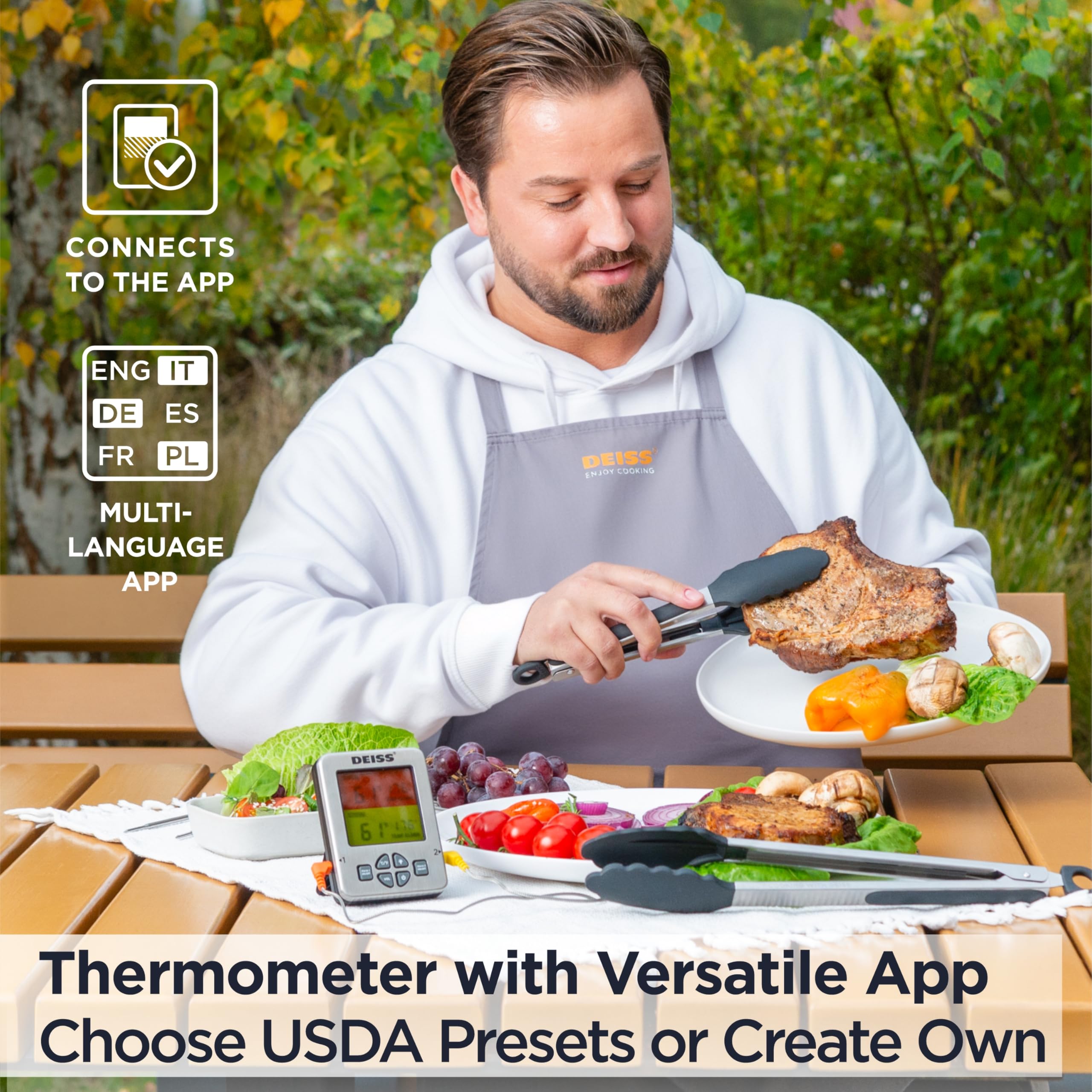 Deiss PRO Bezprzewodowy Termometr do Mięsa Bluetooth – Cyfrowy Termometr Kuchenny z 2 sondami, Termometr do Pieca, Wędzarni, Grilla, BBQ