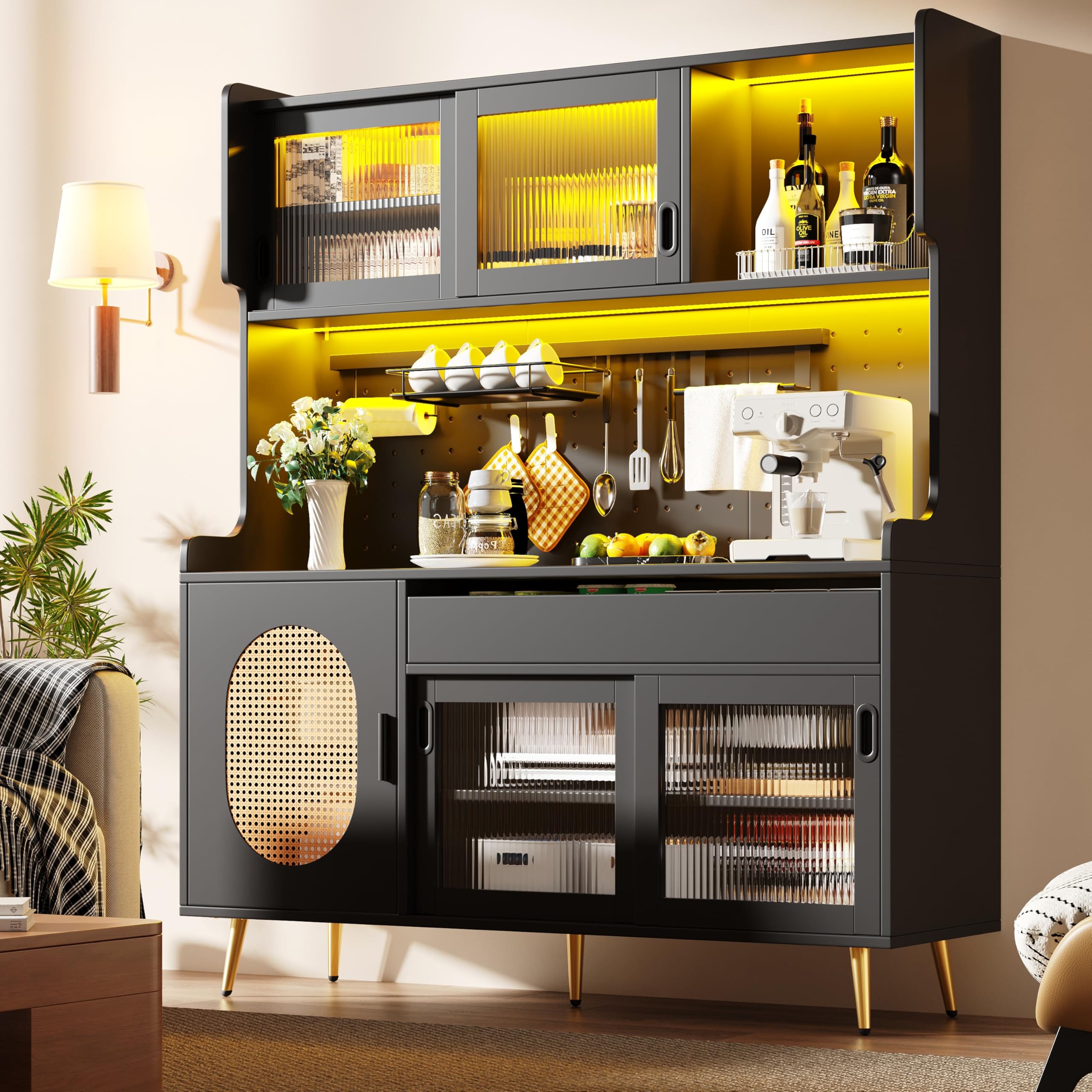 Kebnor Armadio laterale/armadietto da cucina/buffet, 145 x 39 x 171 cm, stile rustico, 5 ante, con striscia luminosa a LED e piastra di blocco in vetro, porte (nero)