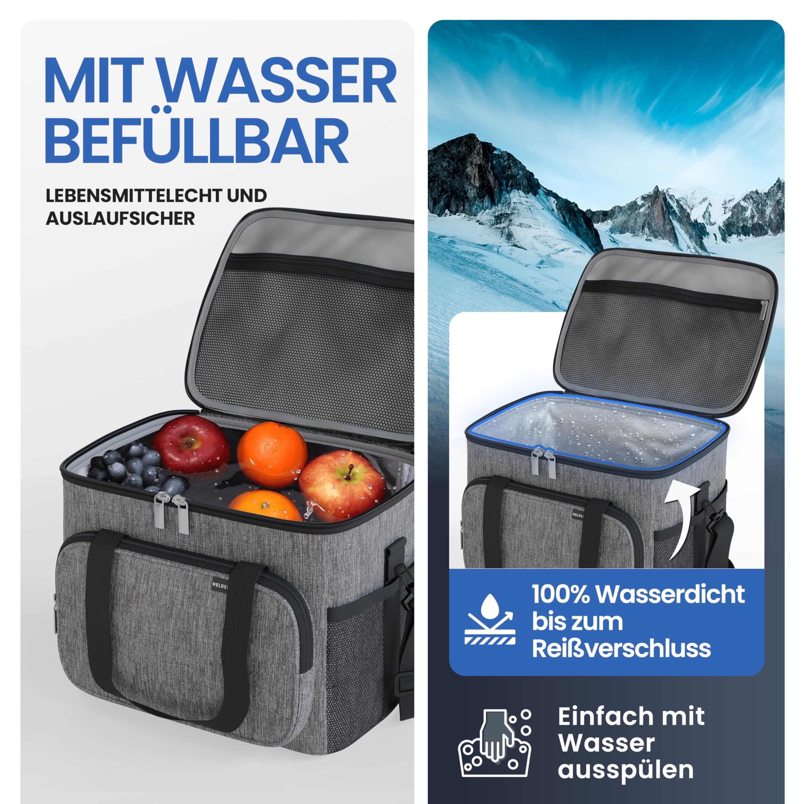HELDENWERK® Kühltasche groß faltbar – 12h Kühlleistung – Thermotasche auslaufsicher & wasserdicht – Kühlbox, Picknicktasche, Lunchtasche, Isoliertasche mit 6 Fächern & verstärktem Boden