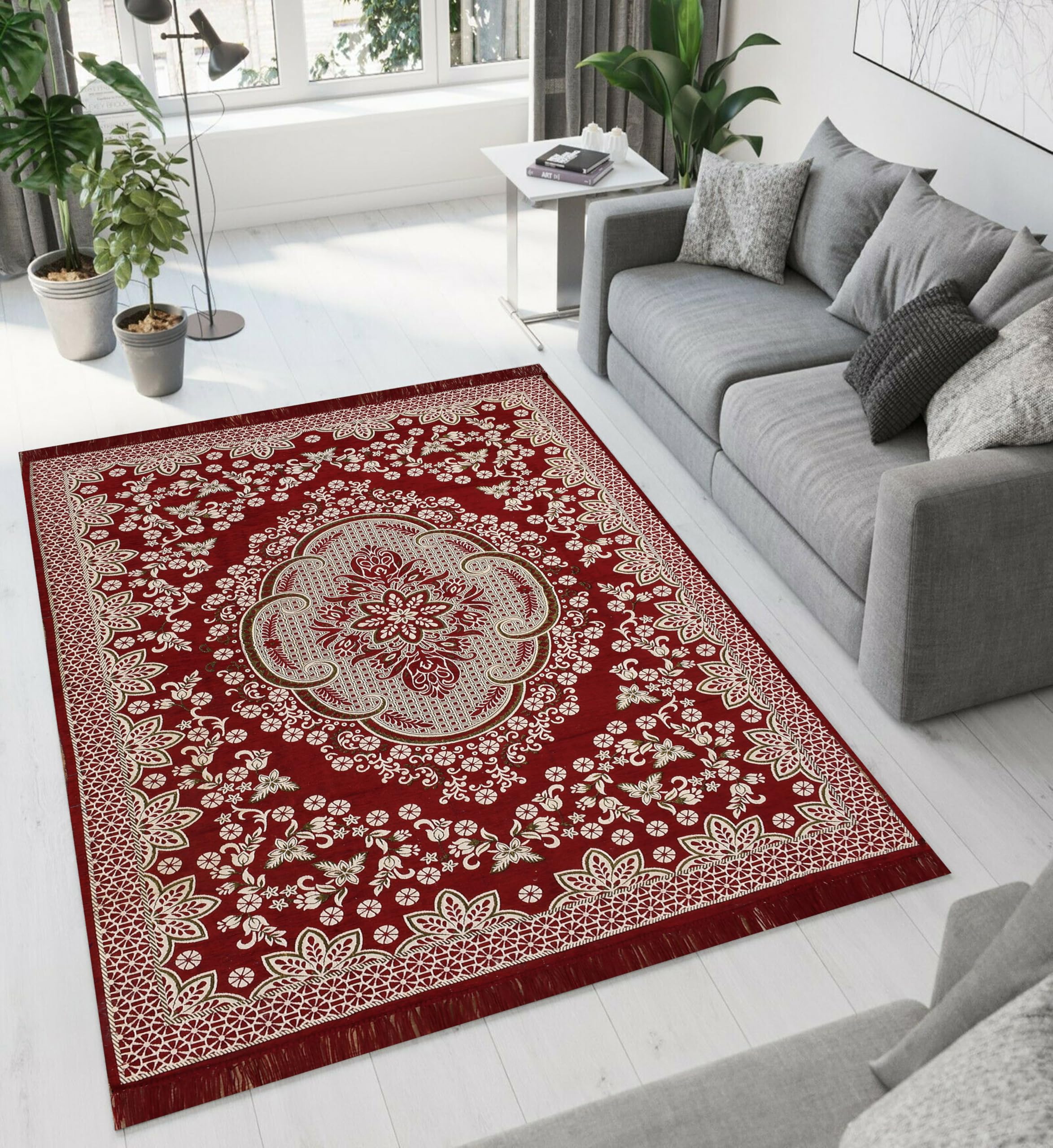 Outlay Home Heavy Fabric Velvet Touch Bedroom, Hall, Living Room, Drowing Room, Yoga Hall Designer Velvet Rectangle Carpet |60" Inch X 84" Inch | 5 Feet X 7 Feet I 150 Cm X 210 Cm (Maroon)