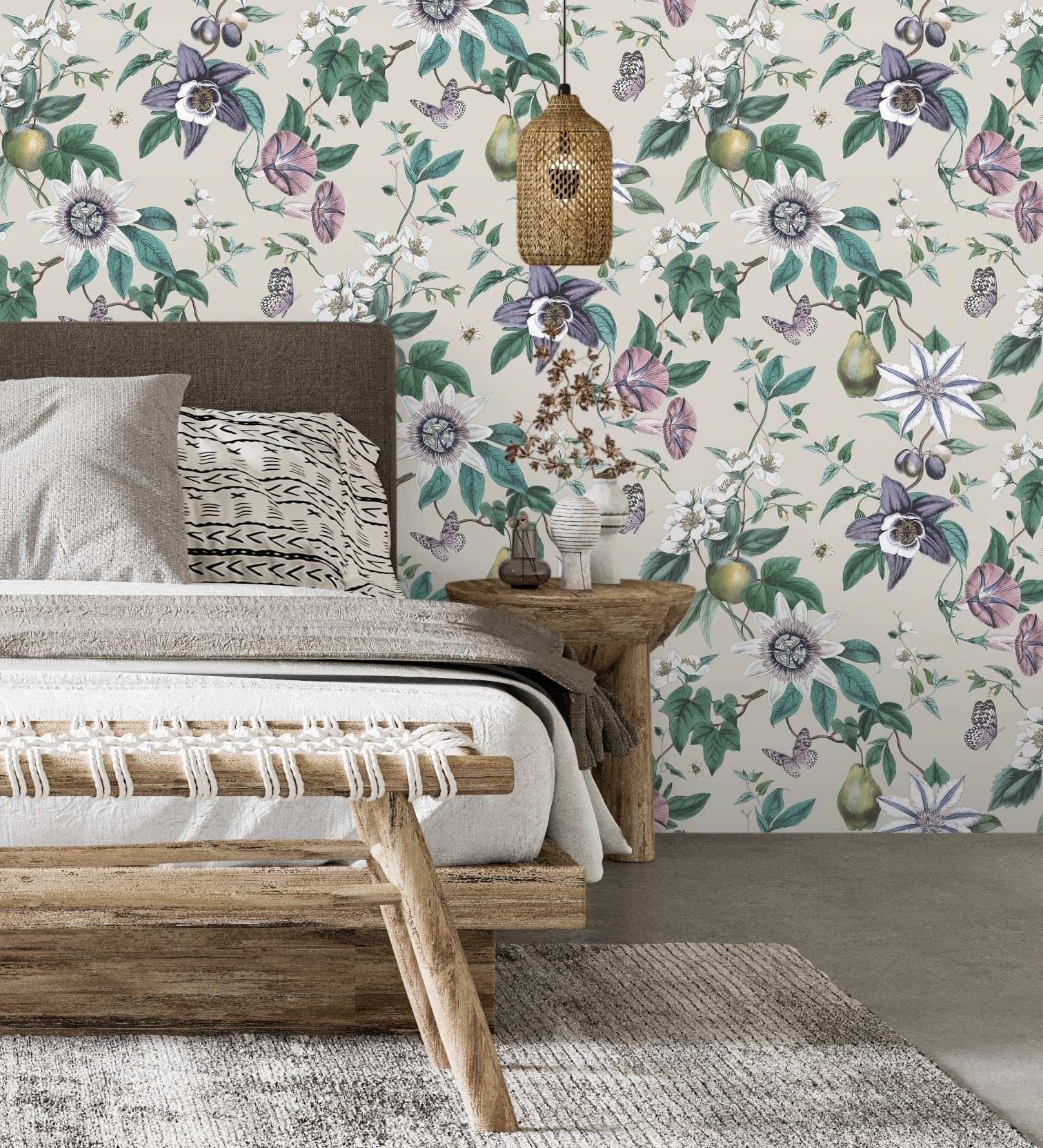 GAULAN 681966 - Papel pintado de flores y frutos fondo nácar beige para pared salón dormitorio pasillo comedor - Rollo de 10 m x 0,52 m