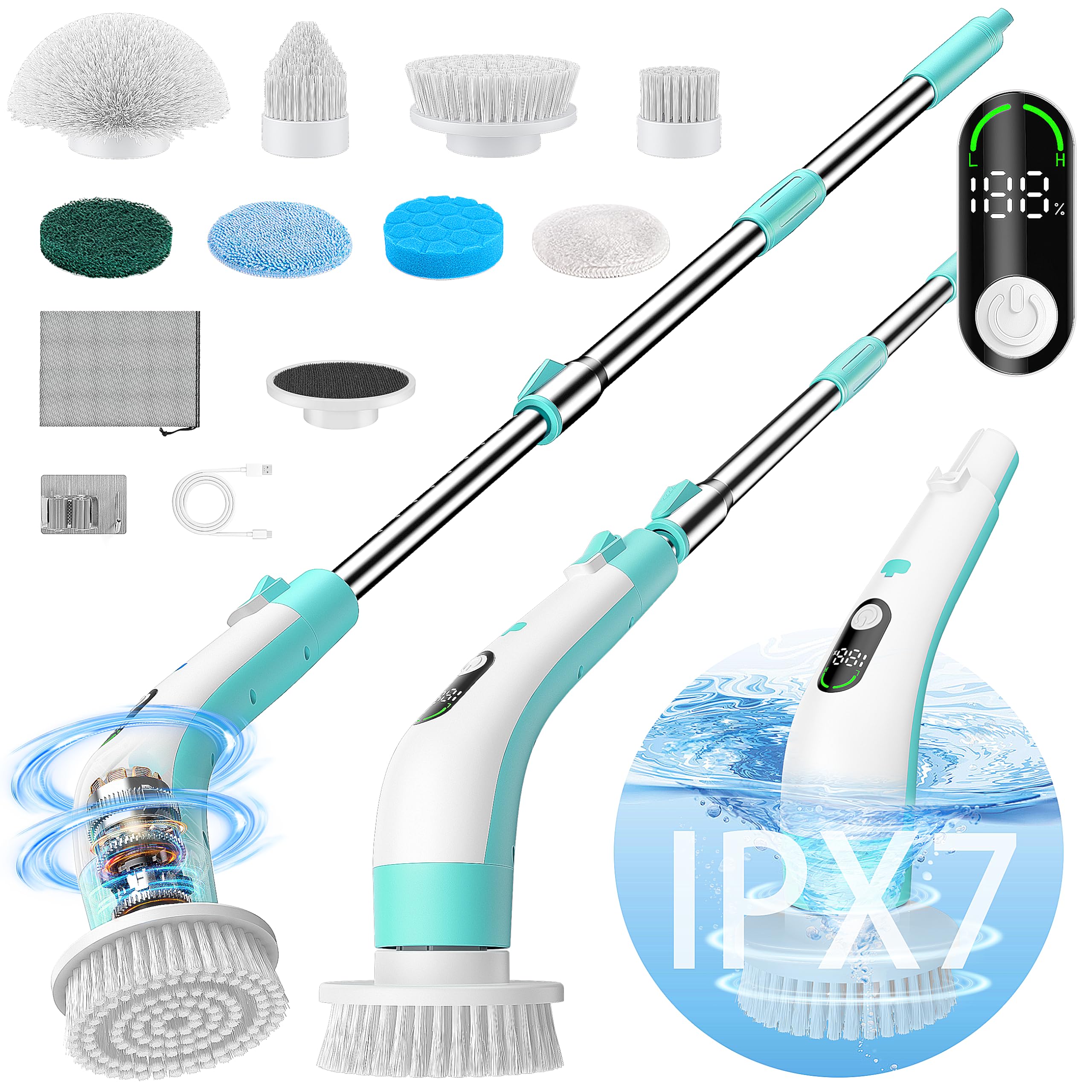 Electric Spin Scrubber with LED Display, IPX7 Waterproof Powerful Shower Scrubber, 2H Runtime, 2 Speeds, Adjustable Handle, 8 Brush Heads for Bathtub Tile Car-Green and White