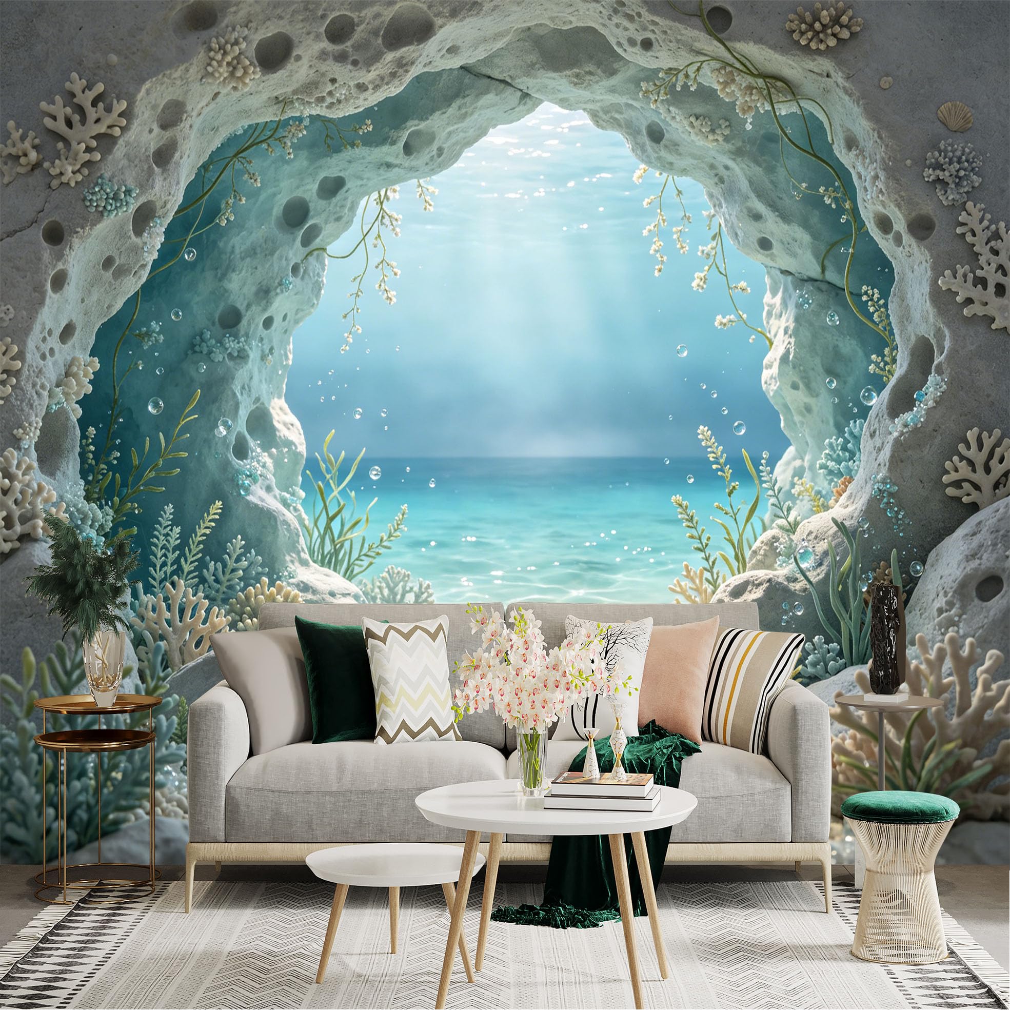 Custom Size Wall Sticker Mural， Underwater Cave with Coral and Ocean View， for wall Decoration， peelandstick wall Decals.