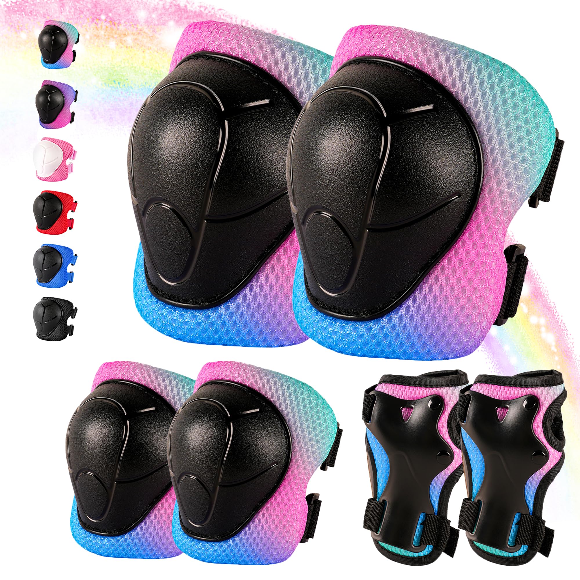 Knieschoner Kinder 3-14 Jahre,6-TLG.mit Ellbogen- und Handgelenkschutz passend für Jungen und Mädchen,Kinder Knieschoner Set für Inliner Skates Scooter Fahrrad Rollschuhe (Lila-Pink-Grün-Gradation, M)