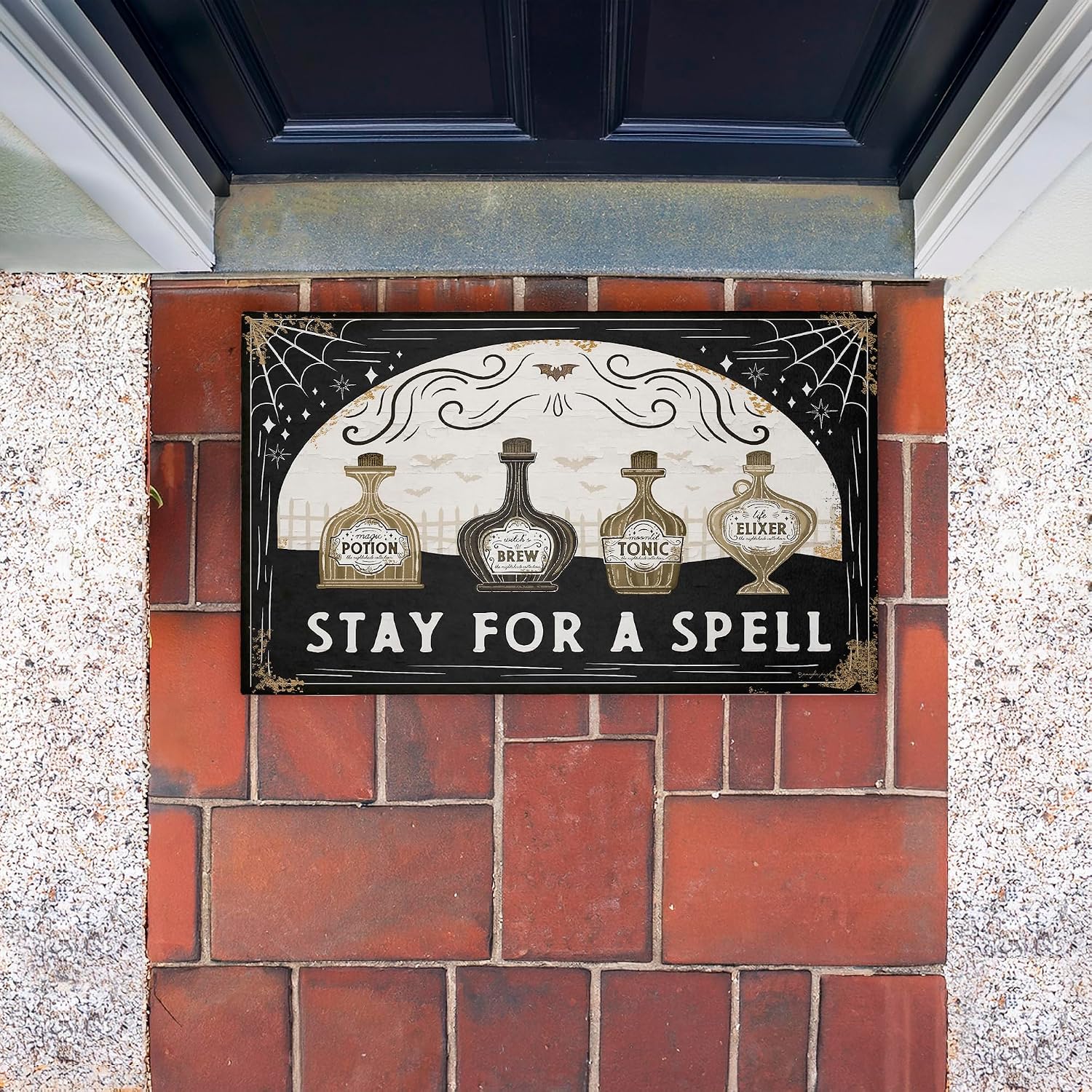 Stupell Industries Stay for A Spell Potions Outdoor Door Mat, Durable Non-Slip Unwoven Mat with Recycled Rubber Backing, Weather-Resistant Witchy Halloween Design by Jennifer Pugh, 18"x30"