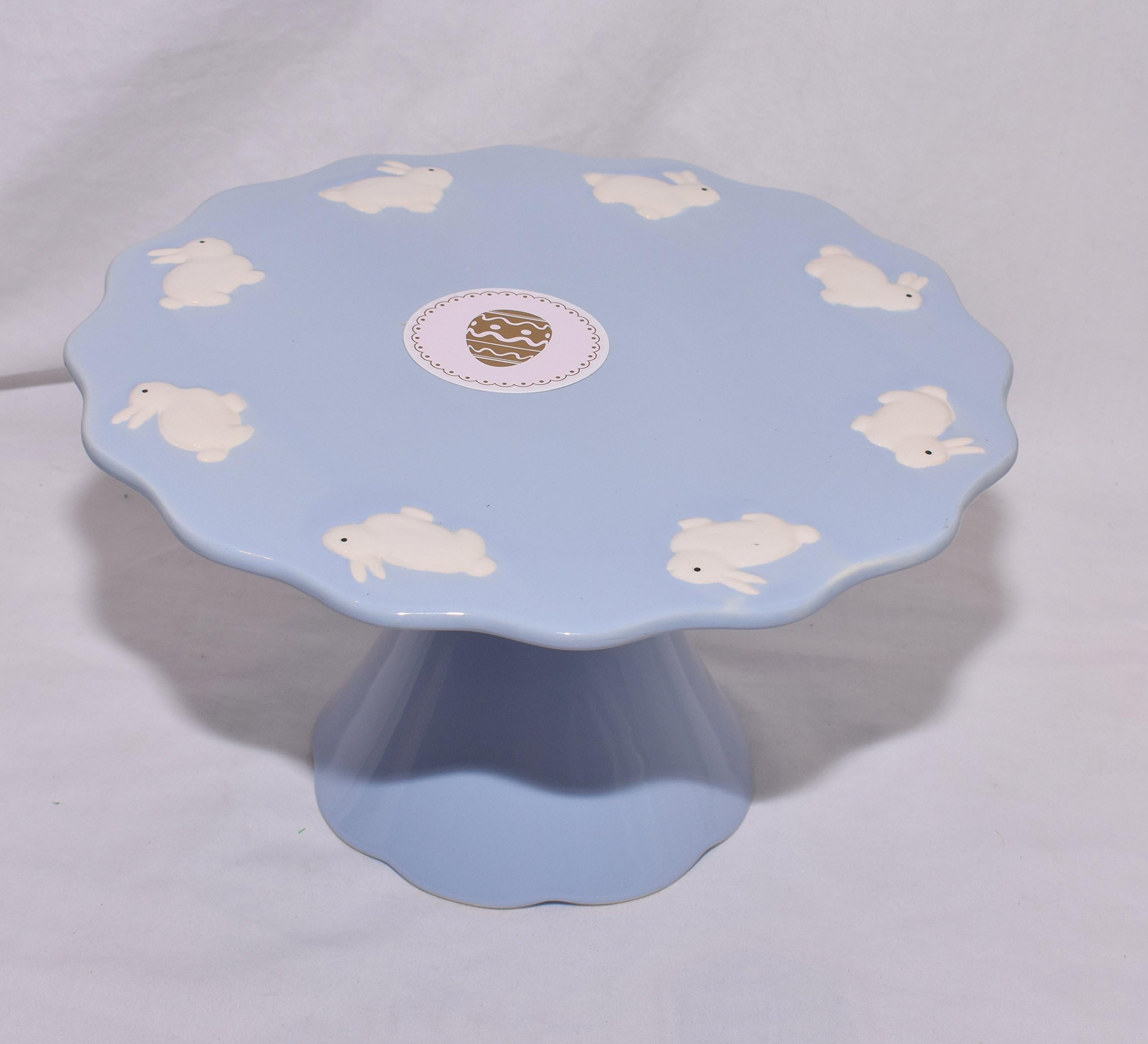 New 10" Baby Blue with White Bunny Rabbits Decorative Ceramic Scallop Edge Footed Plate Round Dessert Pedestal Display Cupcake Cake Stand for Cakes Tarts Candies Cookies Or Muffins