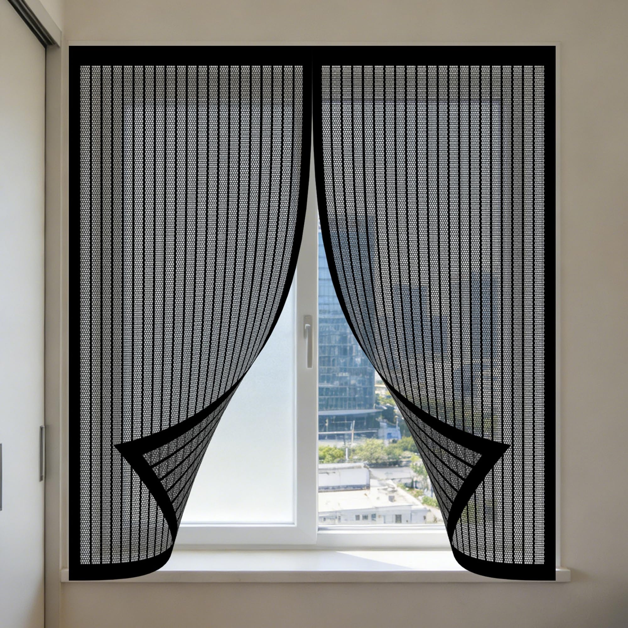 Magnetic Window Screen 115 x 135 cm Selfadhesive Tape High Quality Window Screen Custom Size for Living Room Bedroom Offfice, Black