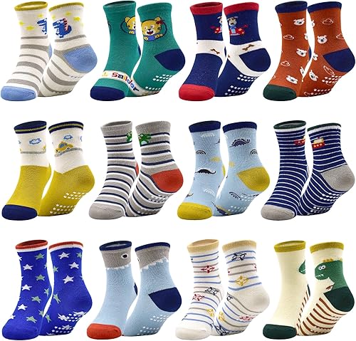 SkiBeaut Calcetines antideslizantes para niños y niñas de 1 a 7 años, 12 pares de calcetines para niños y niñas