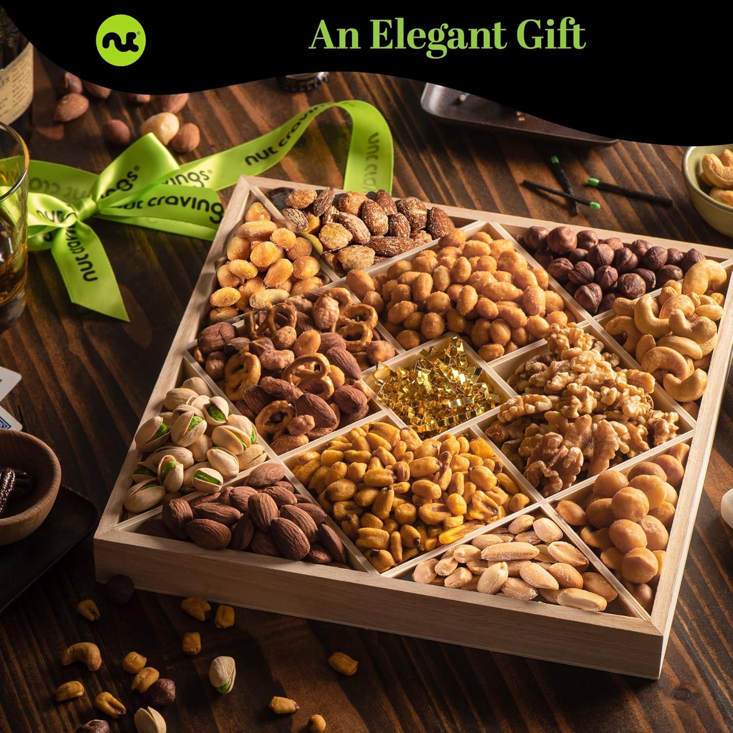 NUT CRAVINGS - Purim Mishloach Manot Mixed Nuts Gift Basket in Reusable Diamond Wooden Tray + Green Ribbon (12 Assortments) Treats for Adults, Food Arrangement Healthy Snack Care Package, Kosher - Image 4