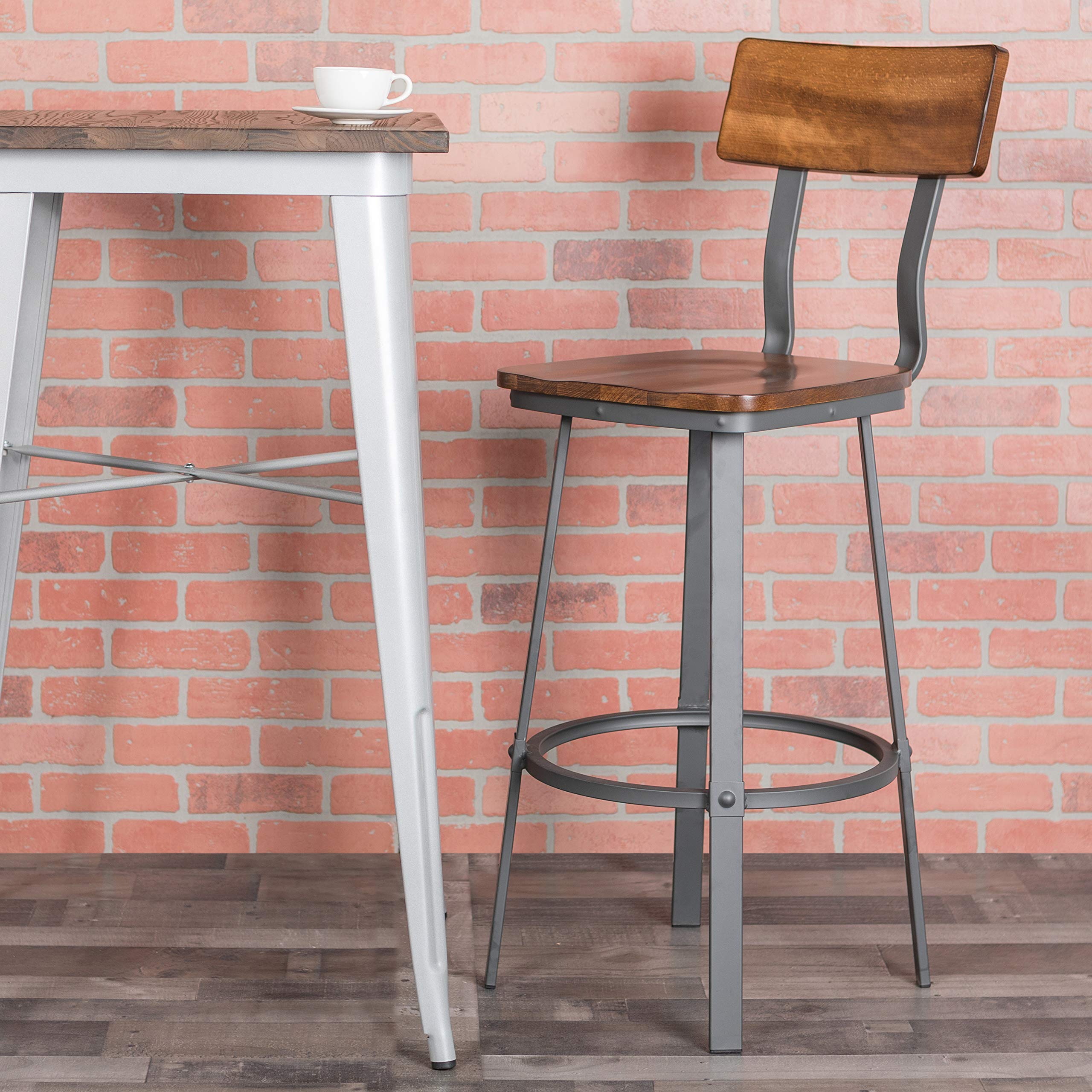 Flash FurnitureFlint Series Rustic Walnut Restaurant Barstool with Wood Seat & Back and Gray Powder Coat Frame