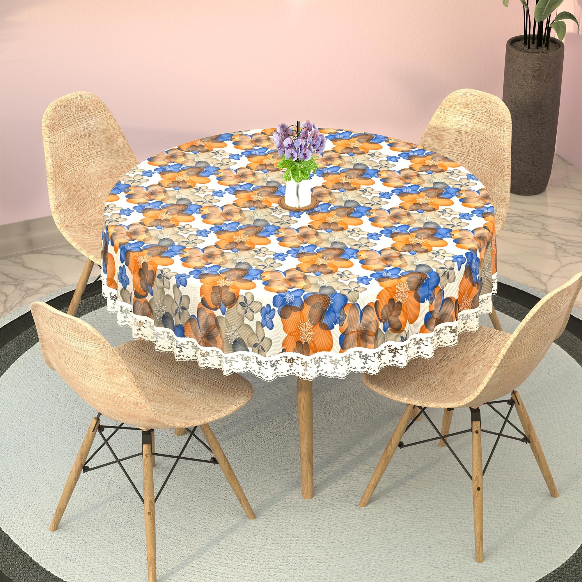 Kuber Industries 60 Inch - Round Table Cover | PVC Waterproof Center & Dining Table Cloth | Table Protector Sheet For Home & Kitchen | Multi-Flower-White Blue
