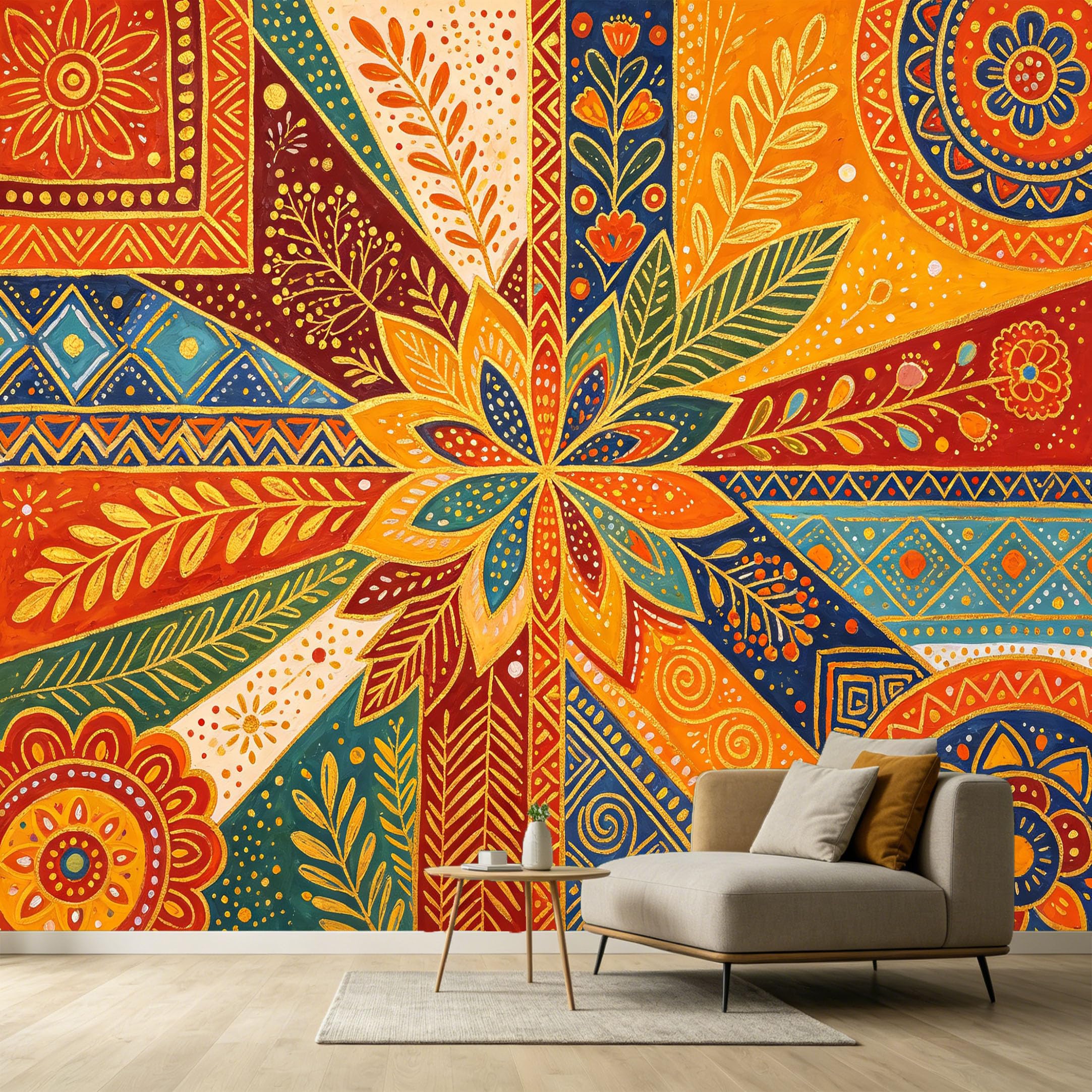 Custom Size Wall Murals Abstract Geometric Floral Pattern Vibrant Traditional Folk Art Elements SelfAdhesive Wall Fabric Removable Large Wallpaper for Living Room