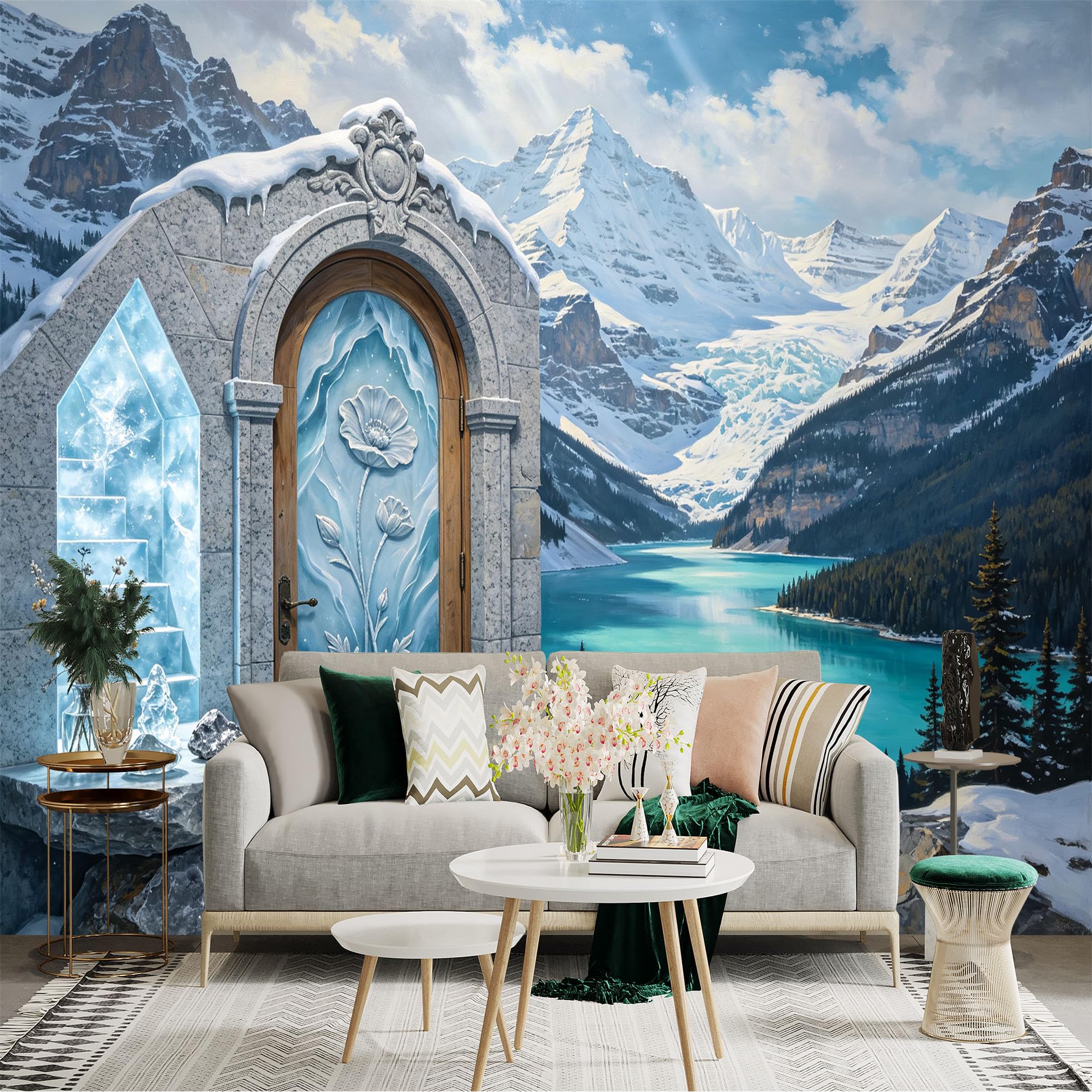 Custom Size Wall Sticker Mural， Snow Mountain Lake Ice Crystal Door Scenic Landscape， for wall Decoration， peelandstick wall Decals.