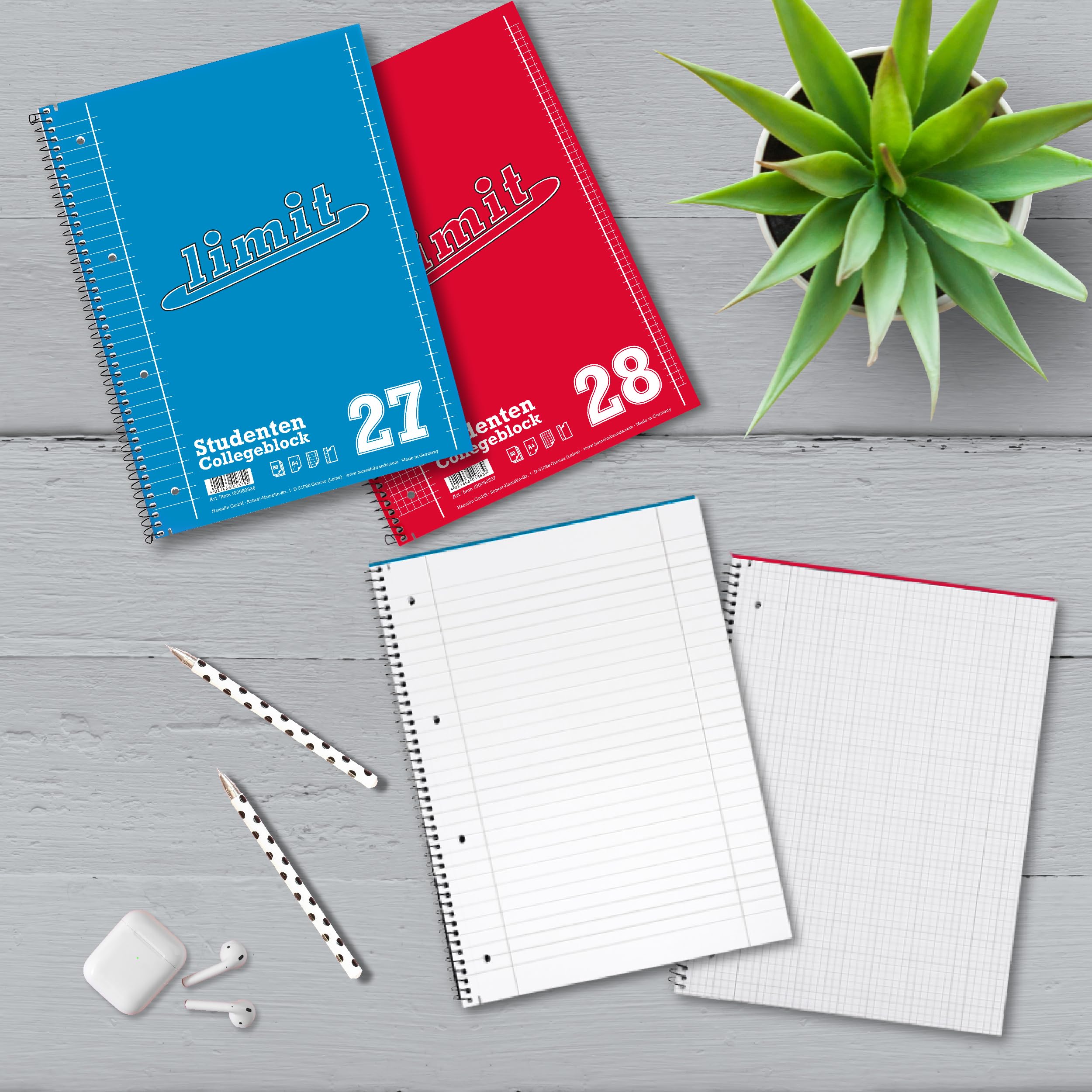 Limit Collegeblock A4 80 Blatt, 5 kariert und 5 liniert mit Rand, 10 Stück - ideal für Studenten, Schüler und Büro