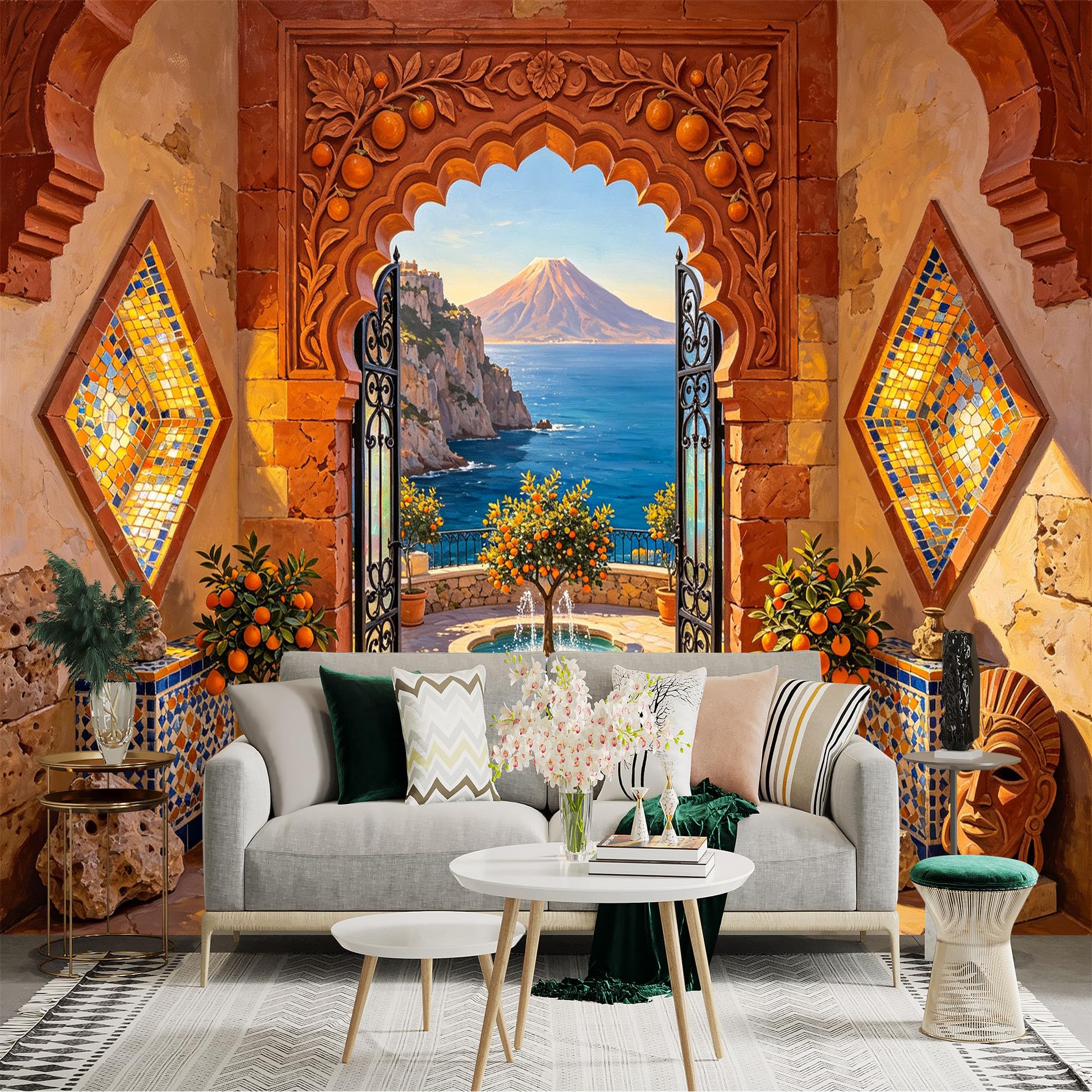 Custom Size Wall Sticker Mural， Mediterranean Archway， Sea View and Mosaic Courtyard， for wall Decoration， peelandstick wall Decals.