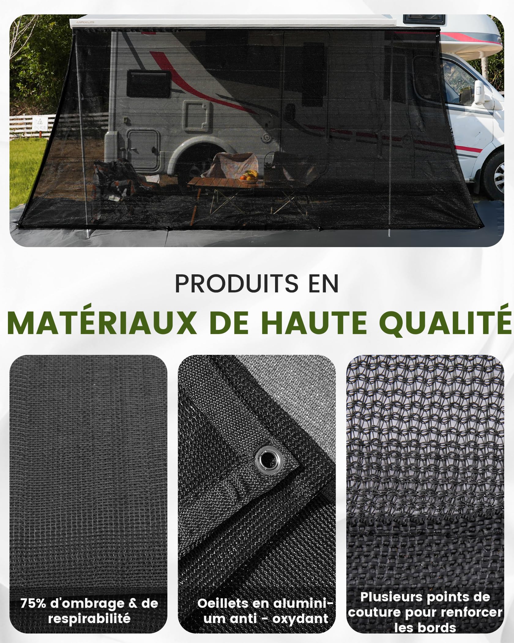 FoundGo Pare-Soleil Auvent Camping-Car 200x300cm, Écran Brise-Vue Rail Keder en Toile HDPE 220g/m², Occultation 75% Anti-UV, Accessoire Adapté Camping-Car, Fourgon Et Caravane